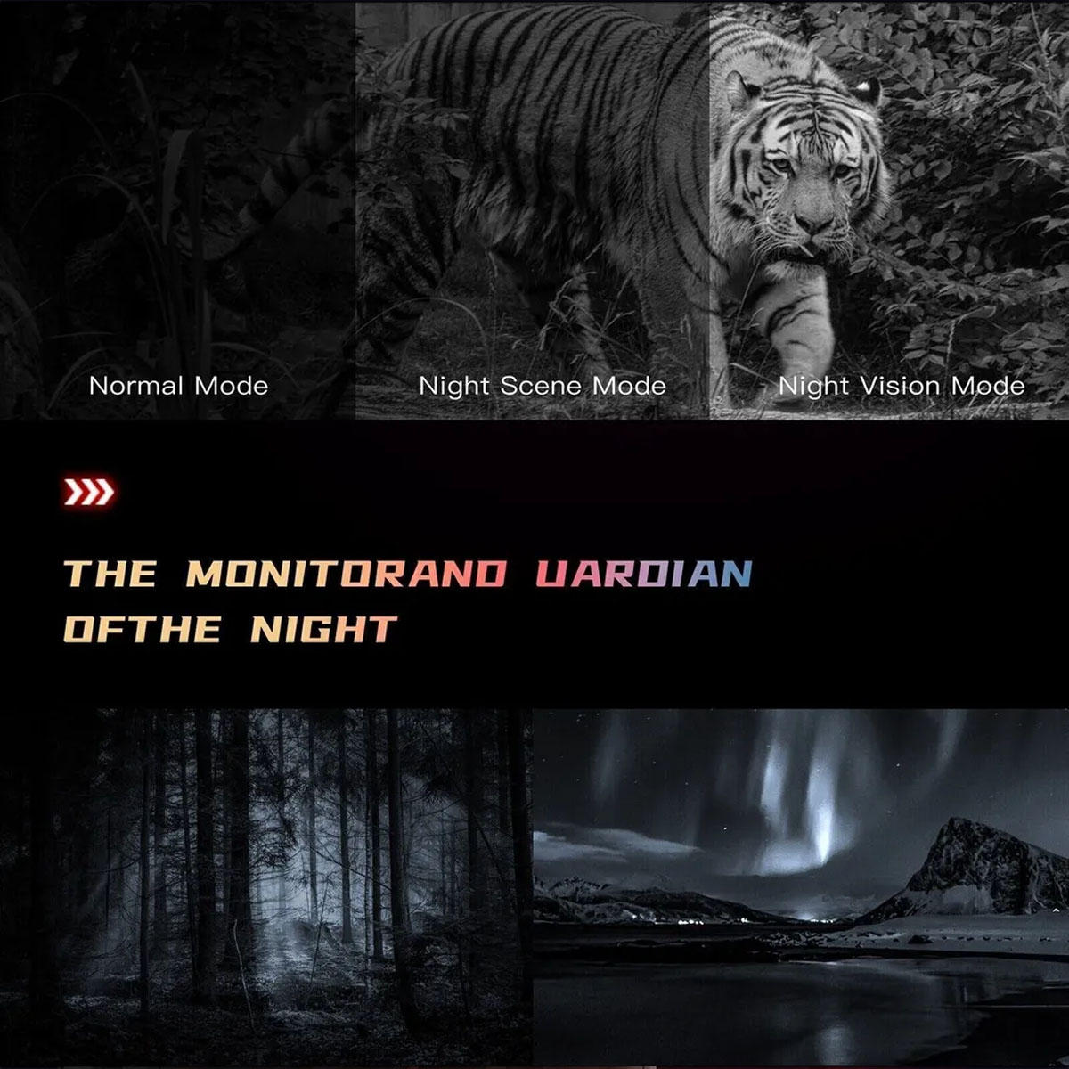 Tigerbild mit Normal-, Nachtszenen- und Nachtsichtmodi. Text: Der Monitor und Wächter der Nacht.