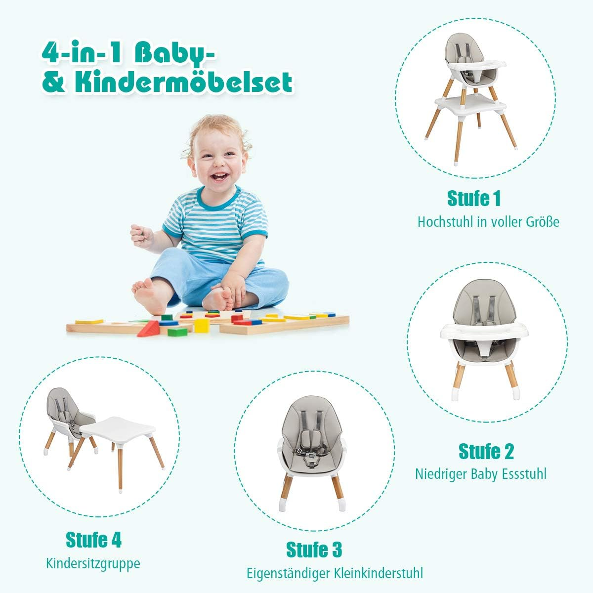 Ein Baby in einem blauen Hemd sitzt auf einem Holzbrett mit 4 Arten von Baby-Stühlen.