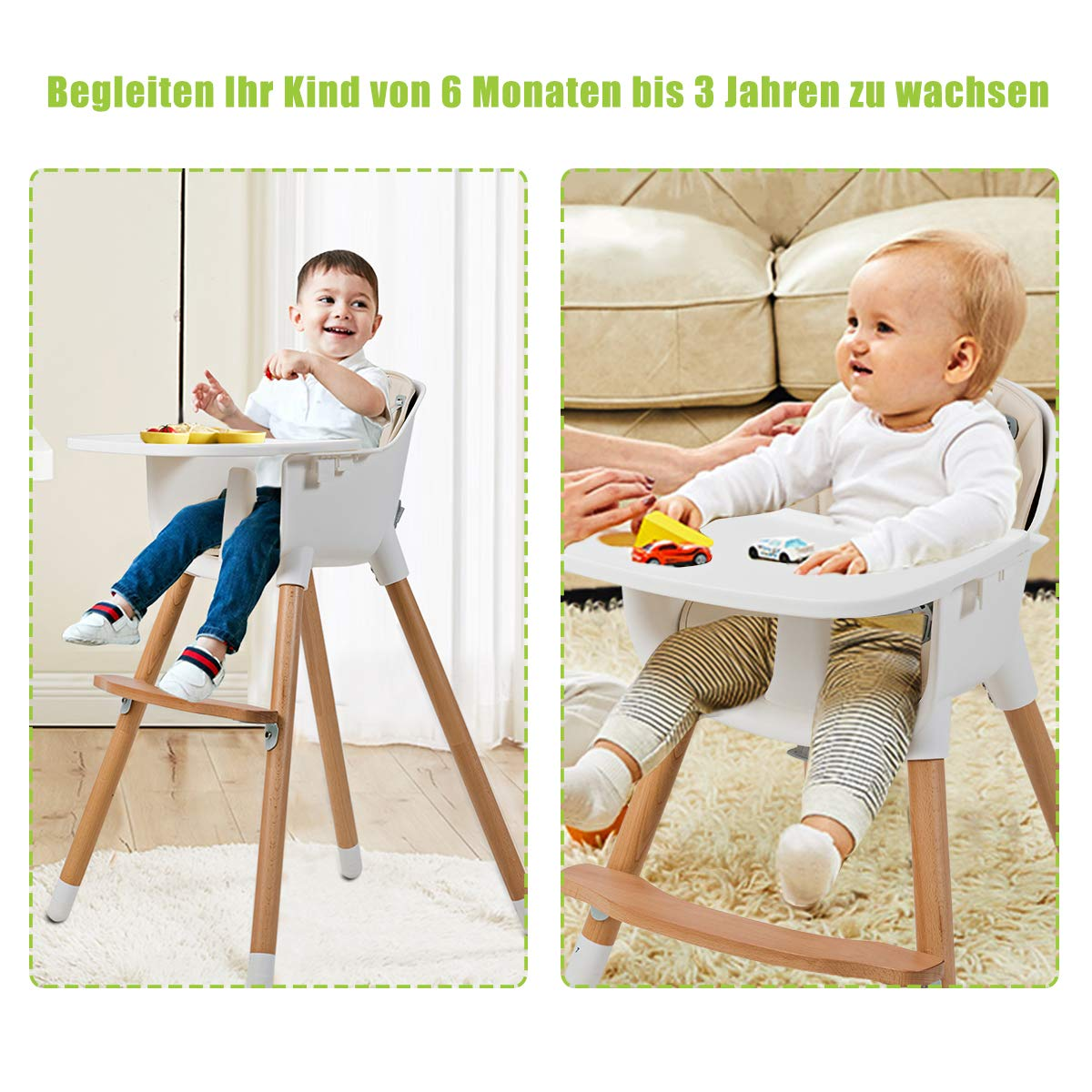 Zwei Babys in Hochstühlen. Einer ist älter, einer jünger, mit Spielzeug auf ihren Tabletts.