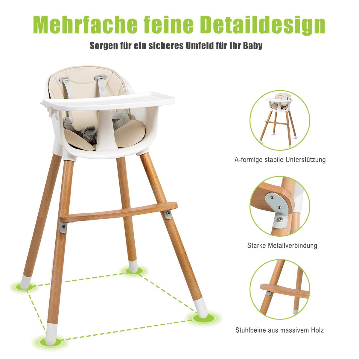 Ein weißer Hochstuhl mit Holzbeinen und Tablett, mit Details und Diagramm.