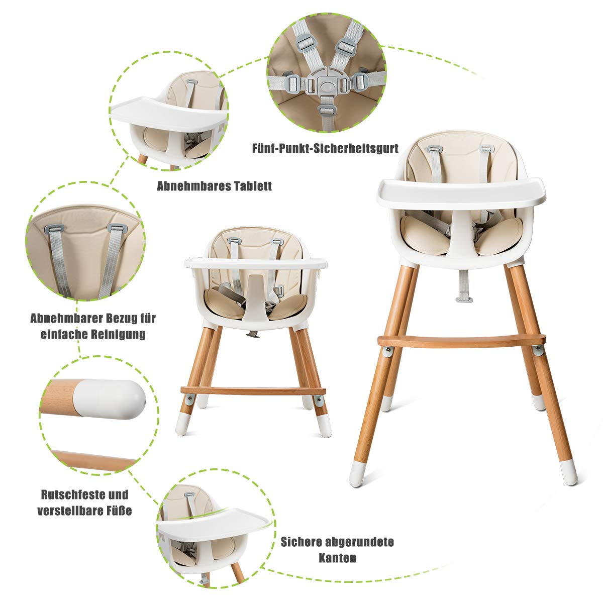 Babyhochstuhl mit Holzbeinen und weißem Sitz, der Details des Designs zeigt.