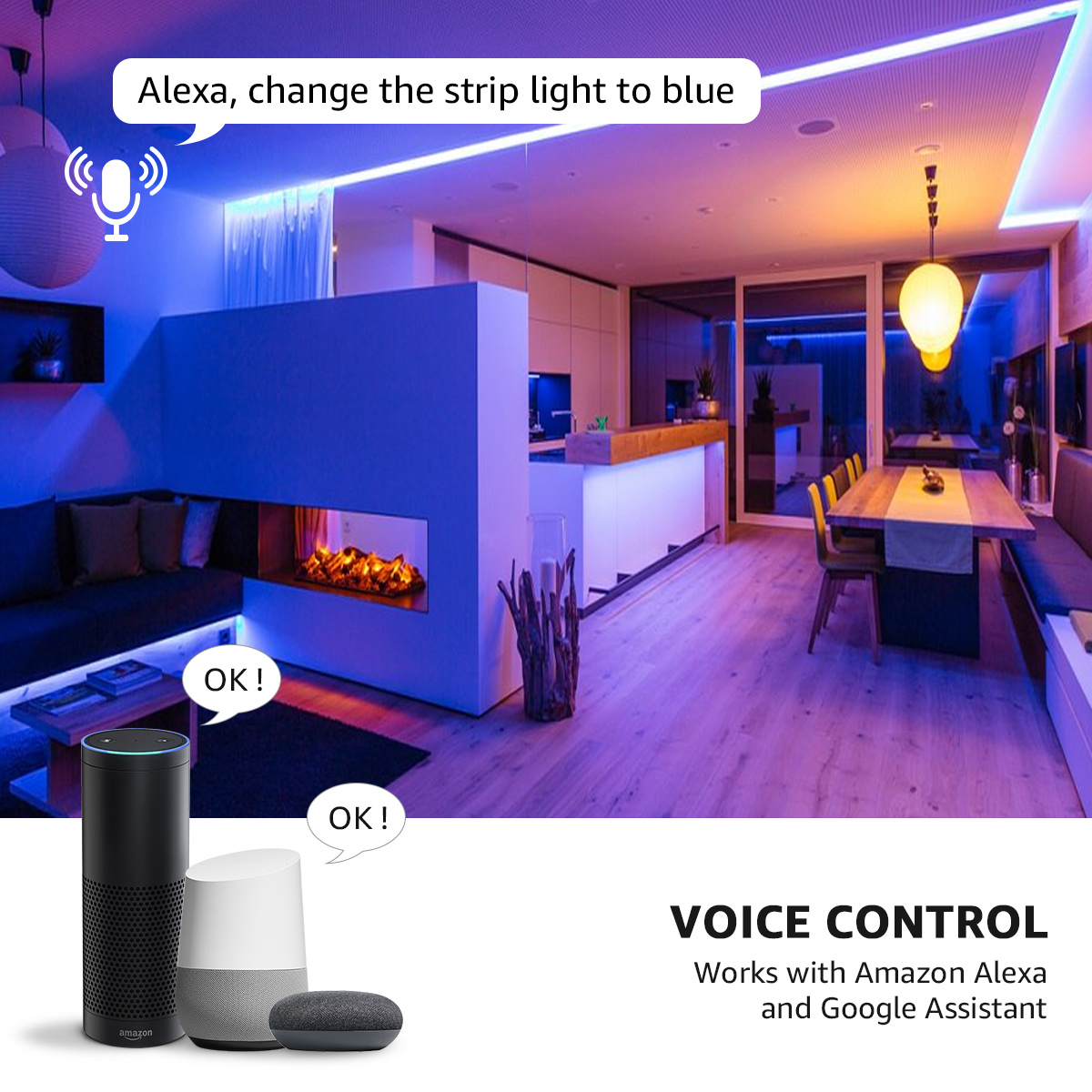 Wohnzimmer mit Smart-Home-Geräten, blauer Beleuchtung und Textüberlagerung.