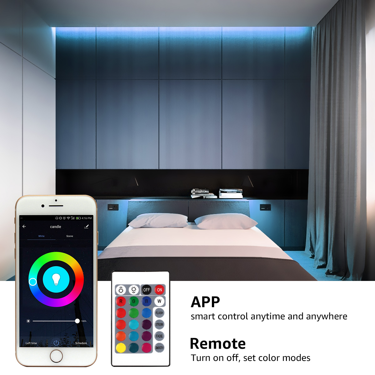 Ein Smartphone mit App-Oberfläche, eine Fernbedienung und ein Schlafzimmer.