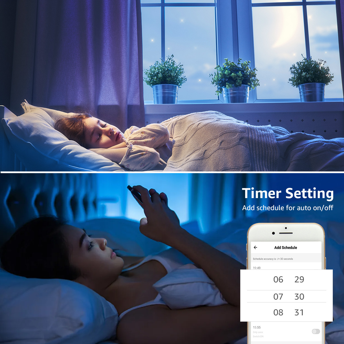 Ein schlafendes Kind im Bett, Nachtszene, Mond und Pflanzen im Hintergrund. Ein Telefon zeigt die Timereinstellung.
