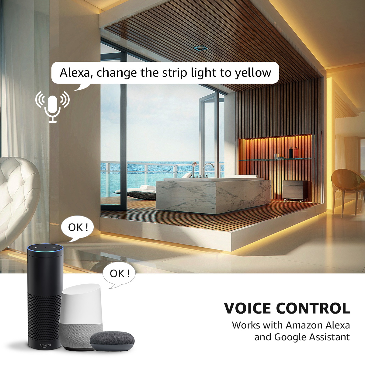 Wohnzimmer-Szene mit Smart Speakern und einer Sprachbefehlsblase: 'Alexa, Licht gelb'.