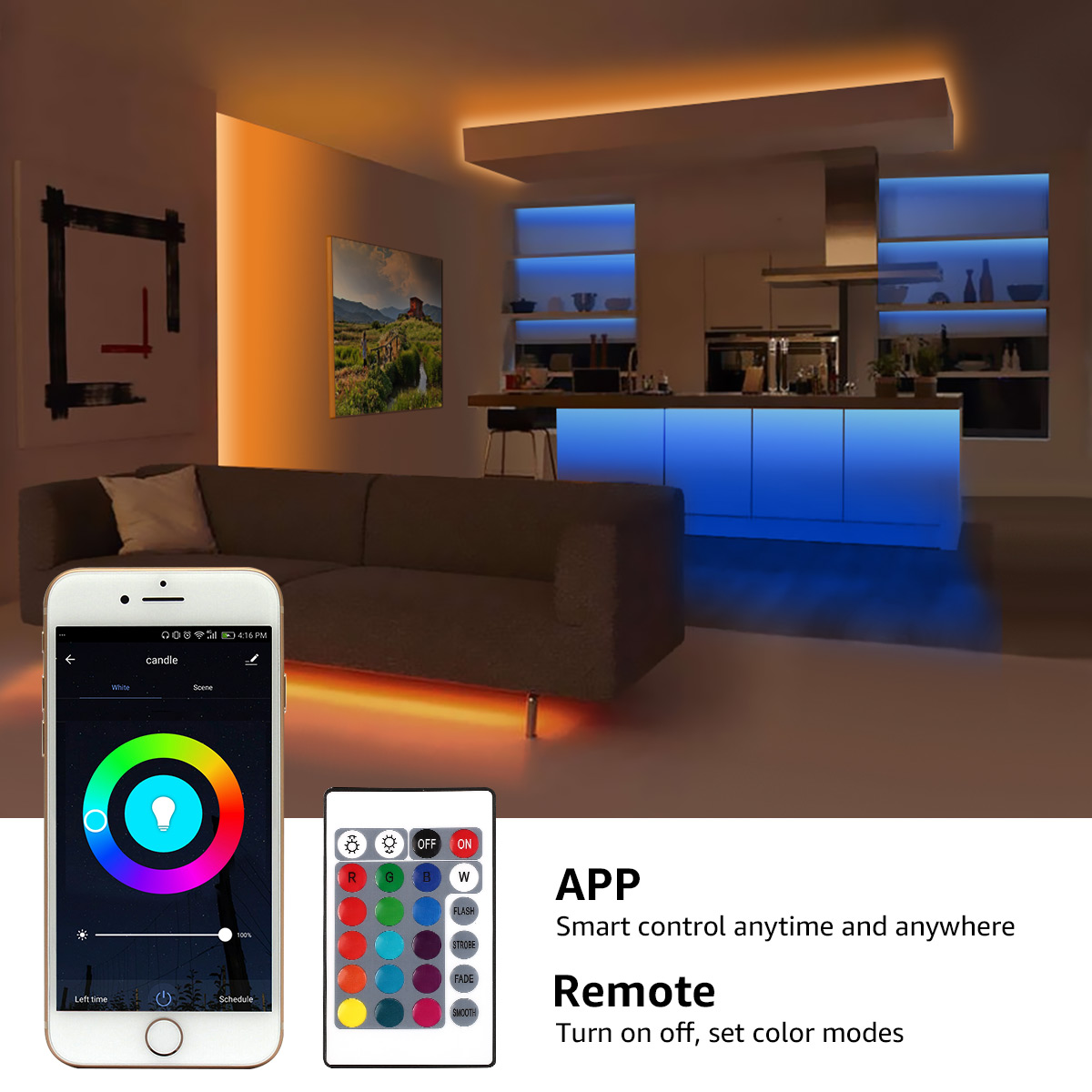 Smartphone mit Anzeige eines Smart-Home-Steuerungssystems mit Fernbedienung und App.