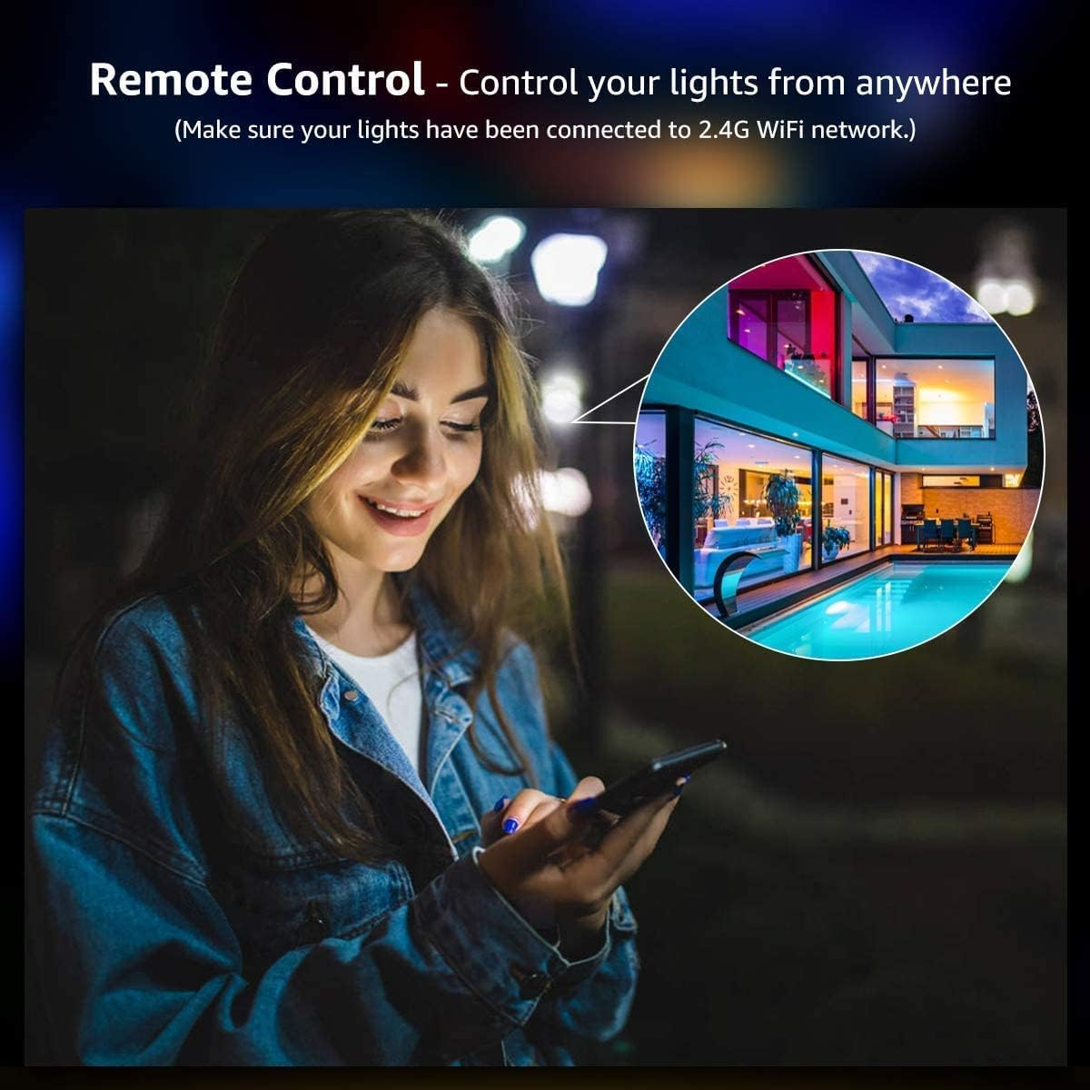 Frau benutzt Telefon, neben Pool, Smart Home Ansicht im Hintergrund.
