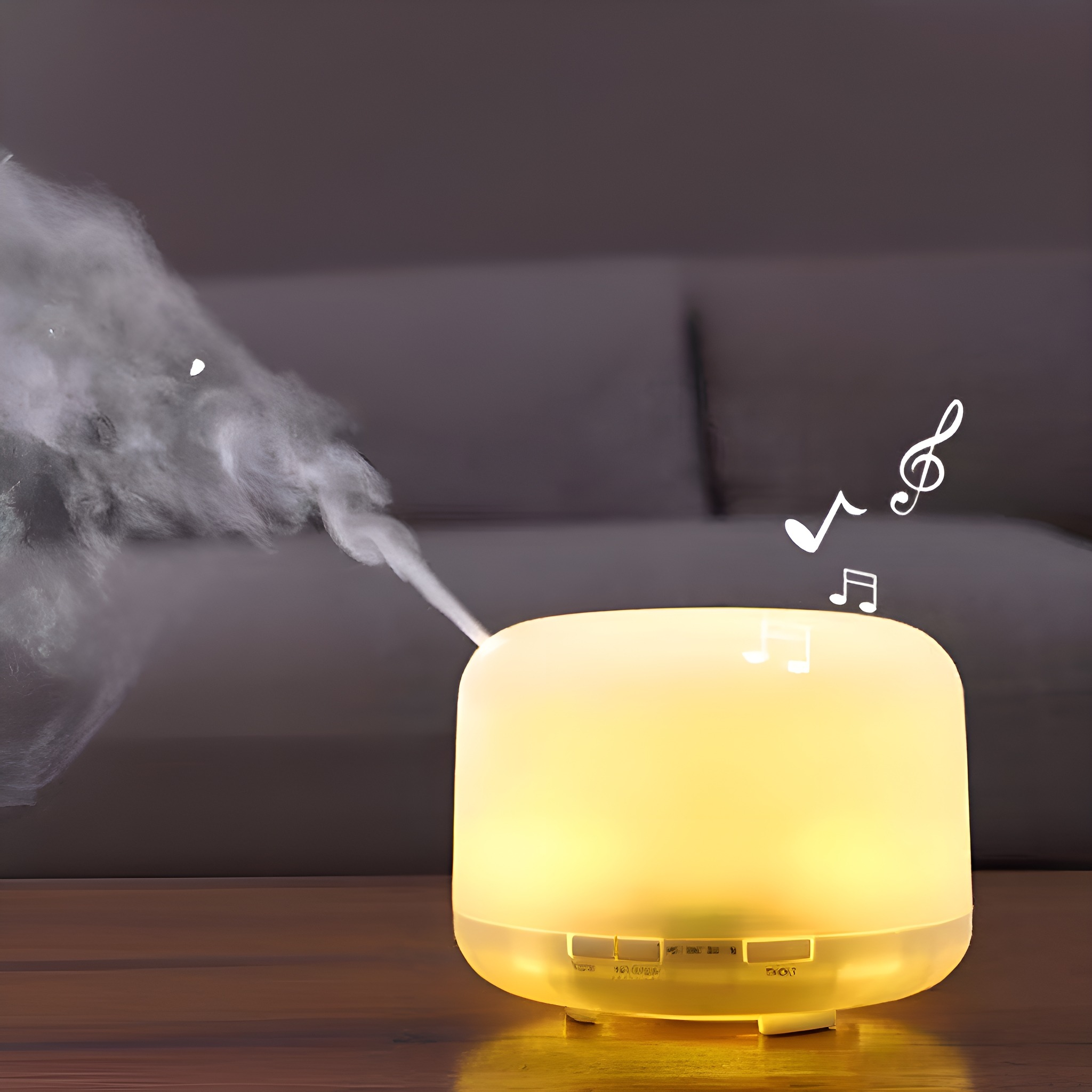 Ein weiß-gelber Luftbefeuchter, der Nebel ausstößt, mit schwebenden Noten. Er steht auf einer Holzoberfläche.
