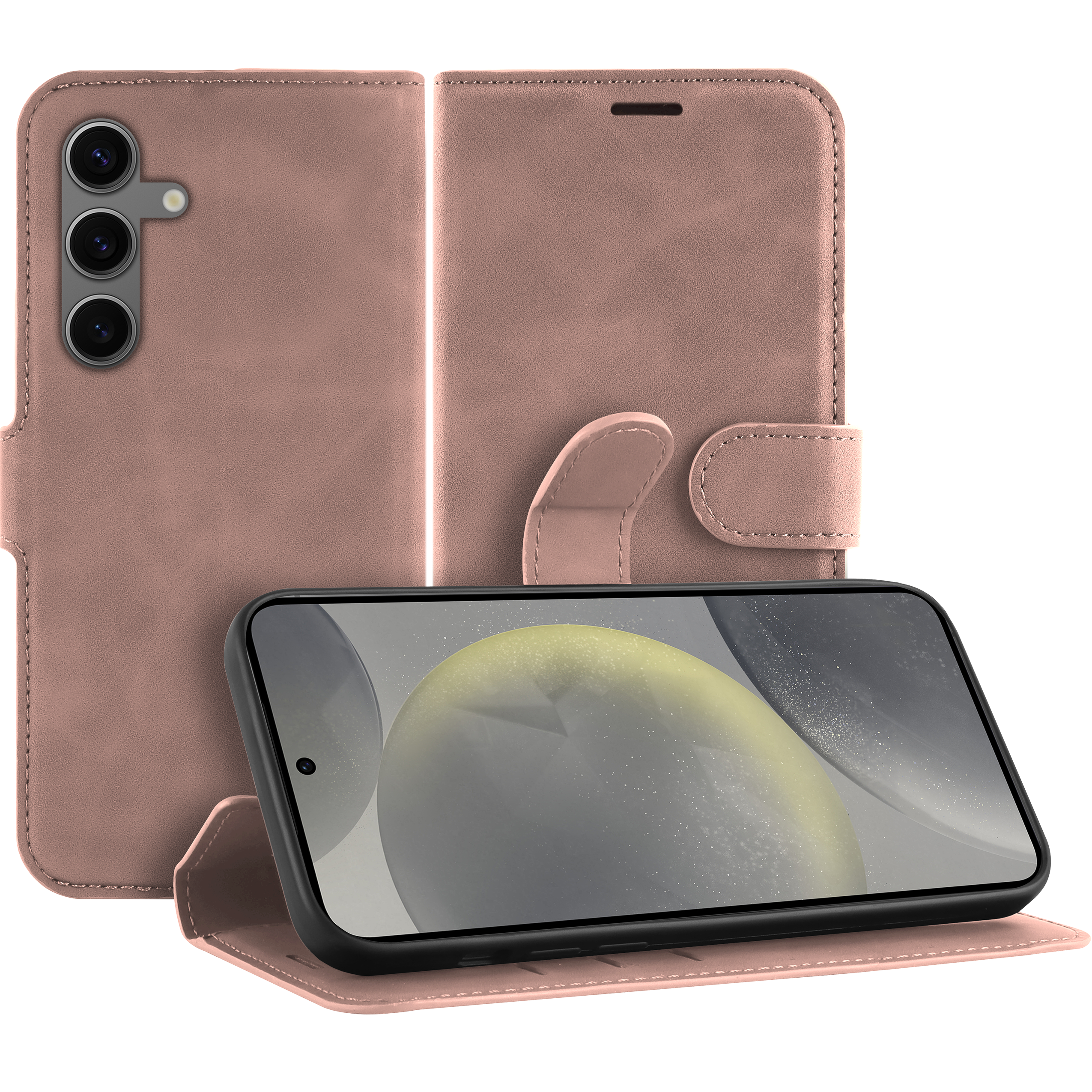 Rosa Handyhülle. Telefon drin. Hintergrund ist schwarz.