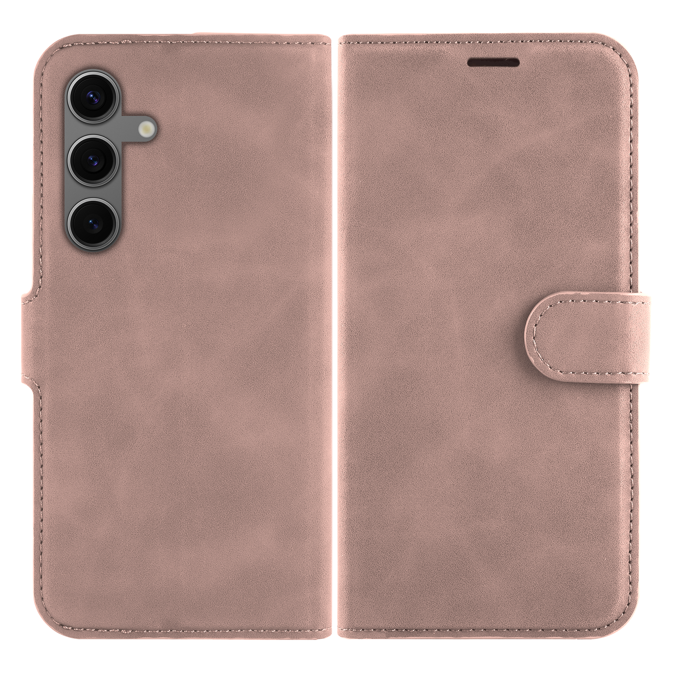 Eine rosa Handyhülle ist geöffnet und zeigt die Innen- und Außenseiten. Das Telefon hat drei Kameras.