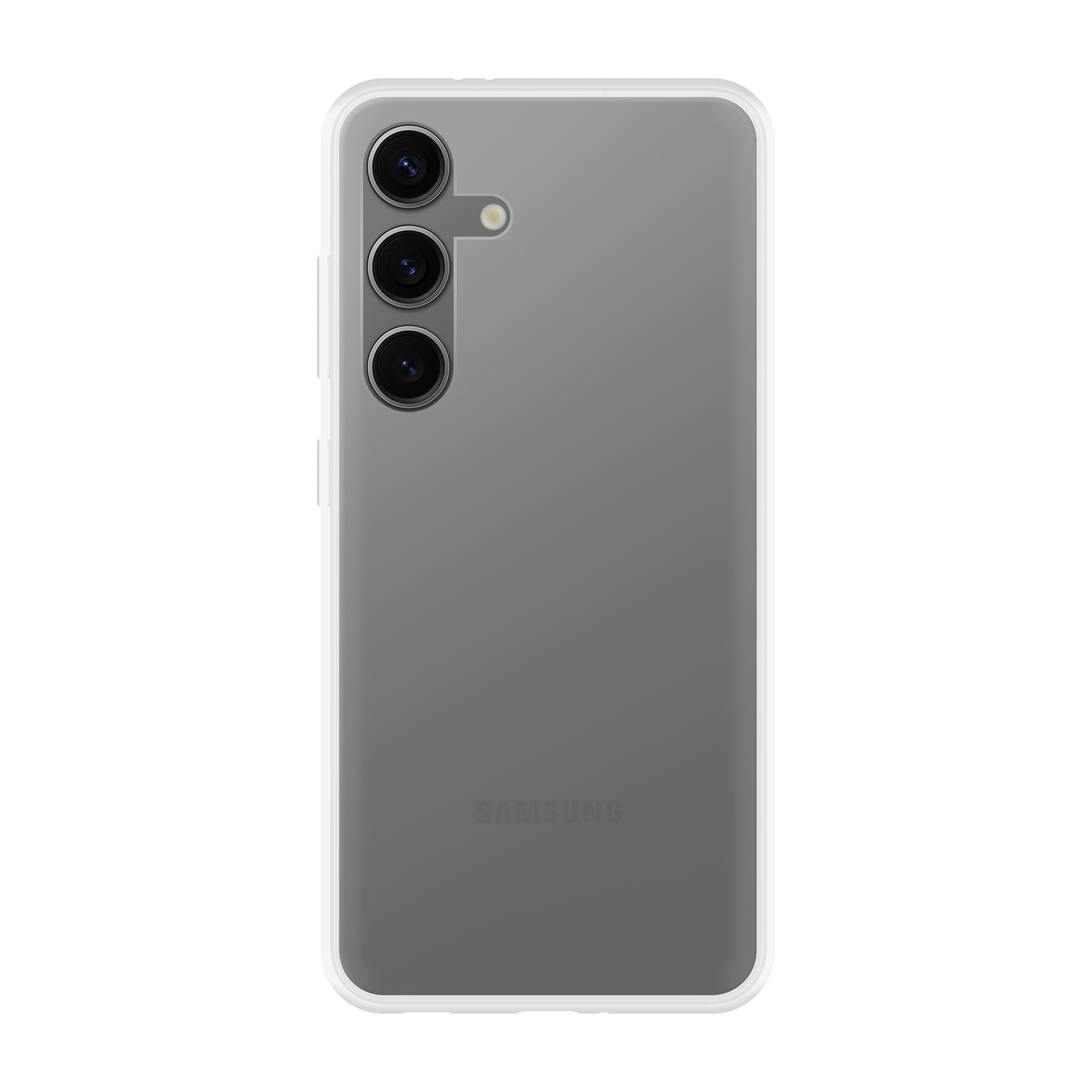 Graue Telefonrückseite mit Kameras und weißem Rahmen. Schwarzer Hintergrund.