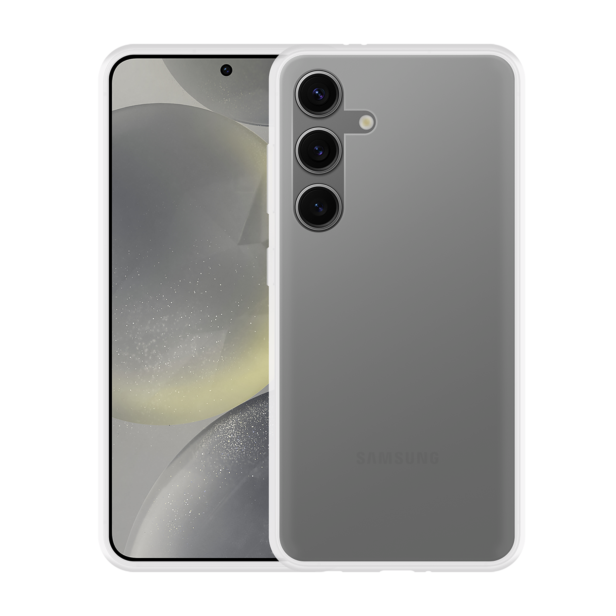 Graues Telefon mit weißer Hülle, Samsung-Logo und drei Kameras, vor verschwommenem Hintergrund.