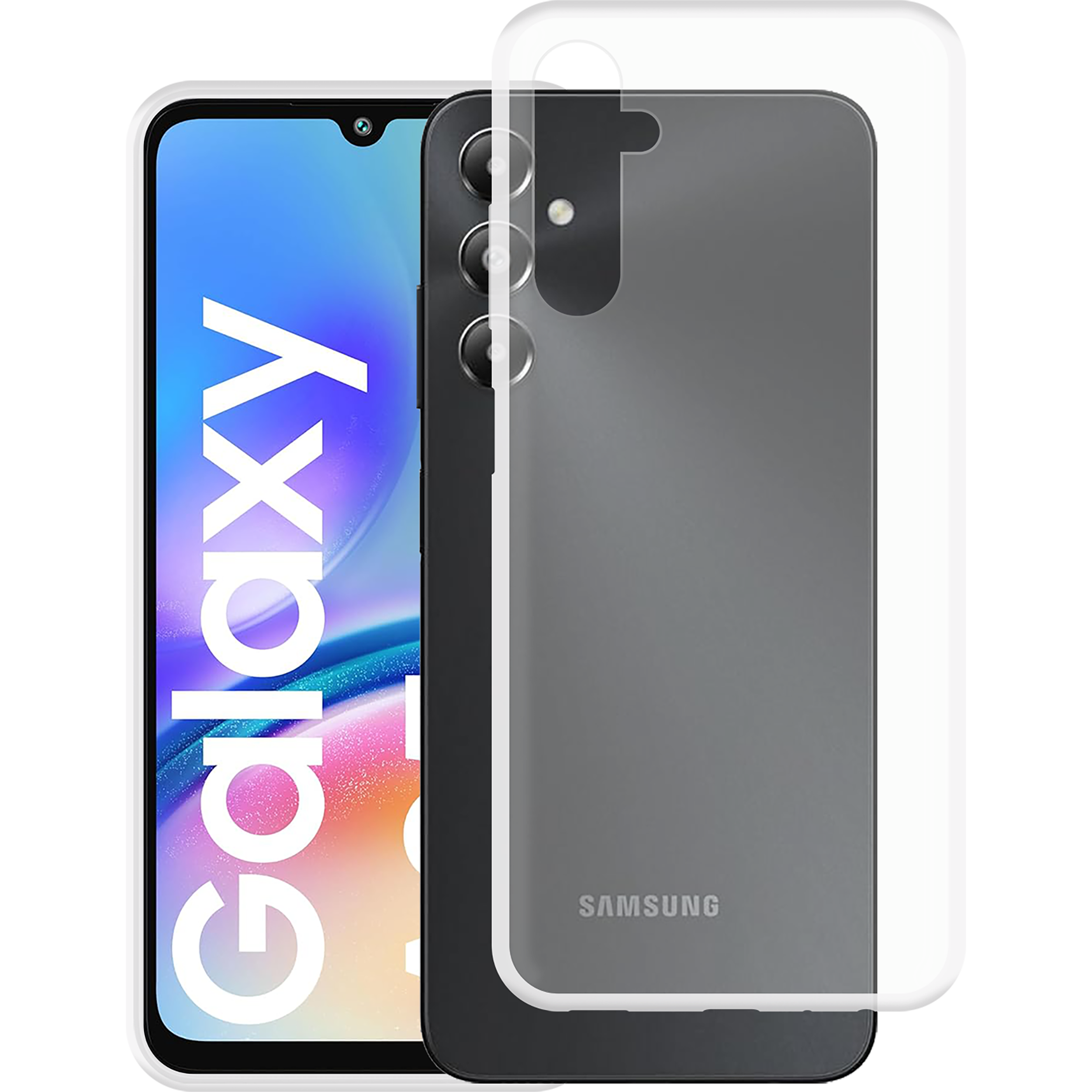 Schwarzes Telefon mit Galaxy-Bildschirm, Hülle und transparenter Abdeckung auf Schwarz.