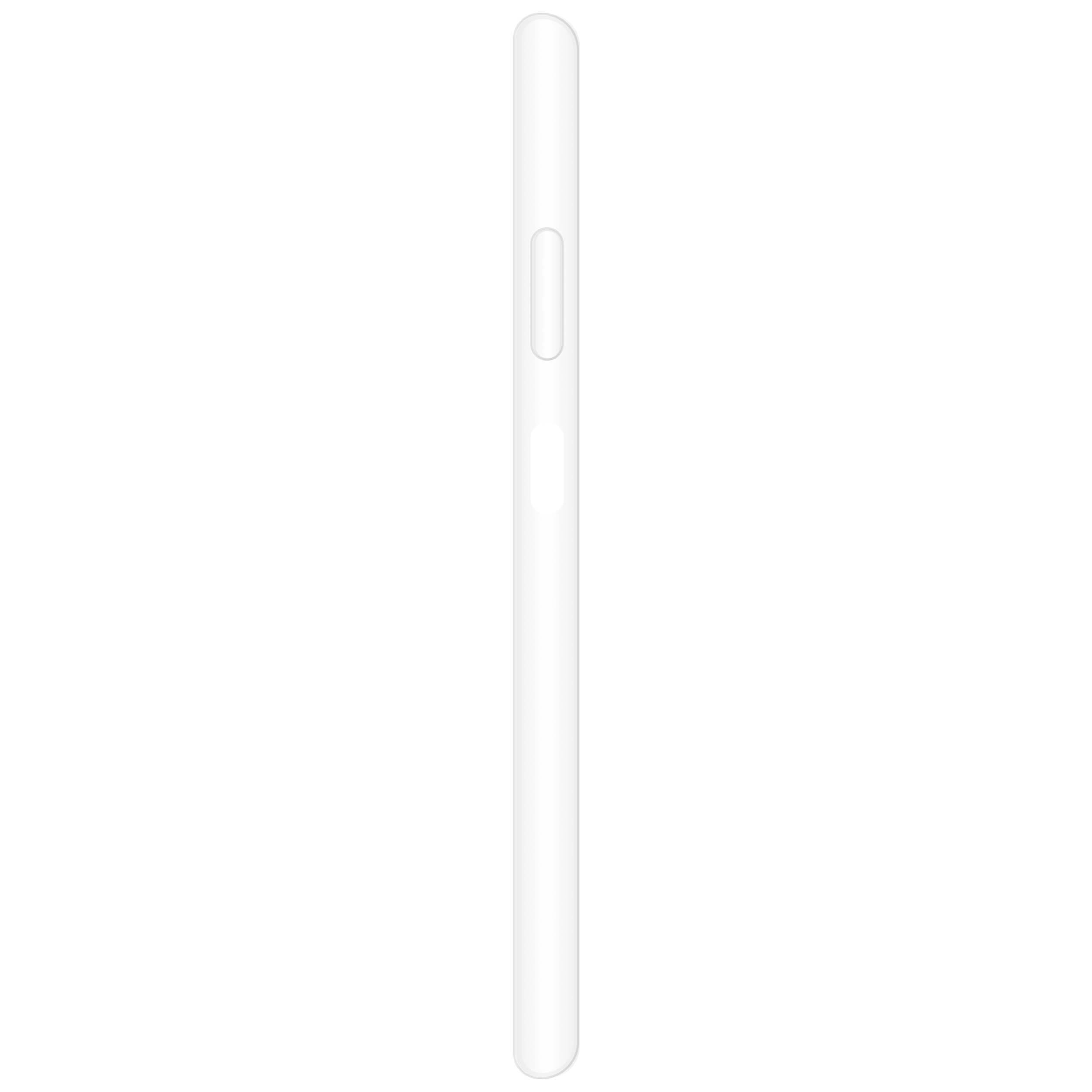 Ein weißes Telefon, Seitenansicht, mit einer Taste und einer Lautstärkewippe auf schwarzem Hintergrund.