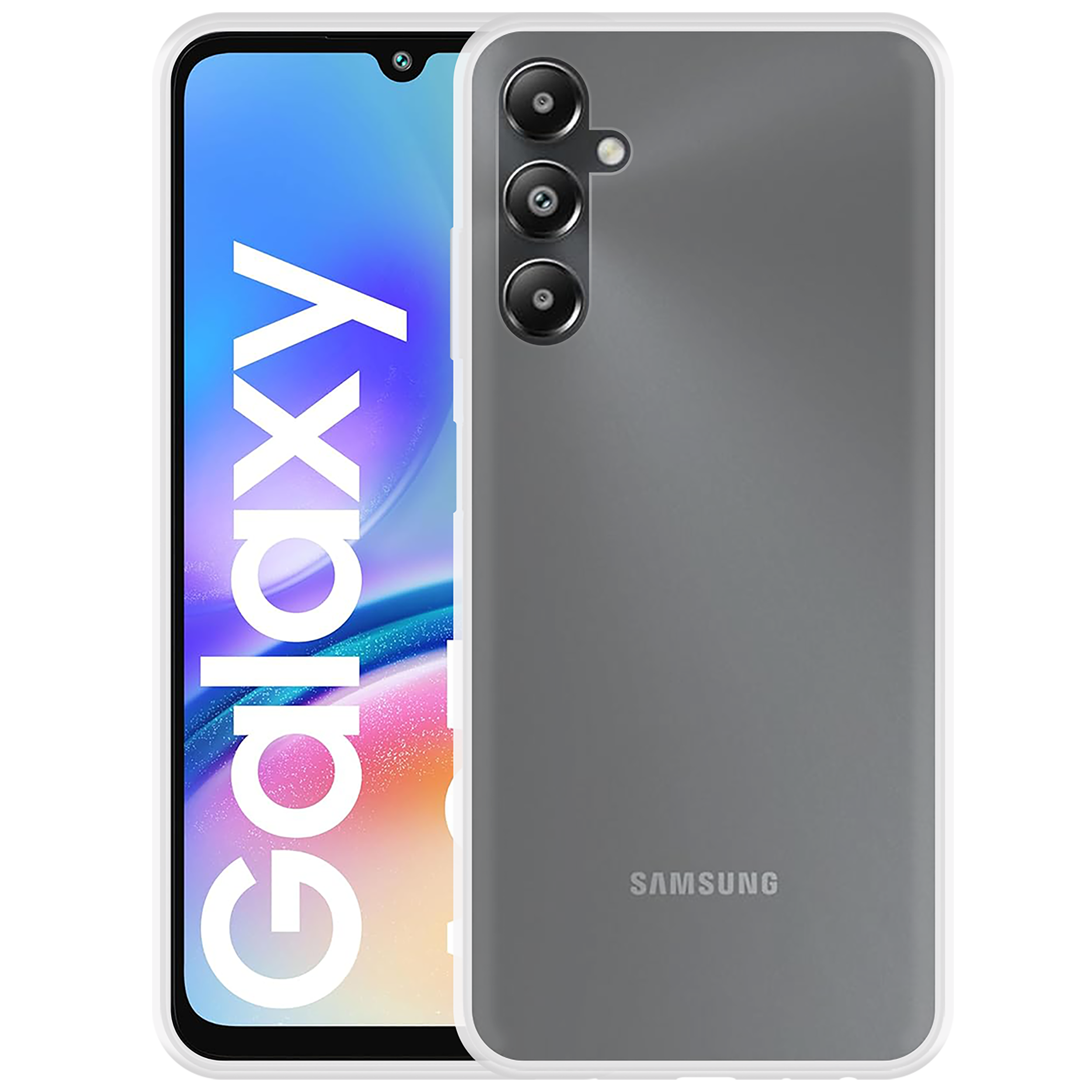 Ein Samsung Galaxy-Telefon mit blauem Bildschirm und dem Wort Galaxy. Die Rückseite ist grau mit Kameras.