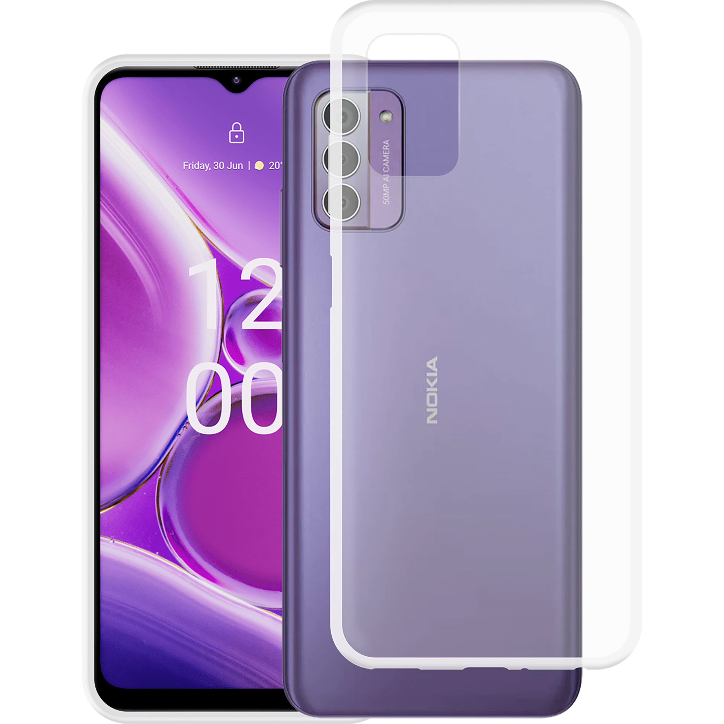 Lila Smartphone mit weißer Hülle und Displayschutz auf schwarzem Hintergrund.