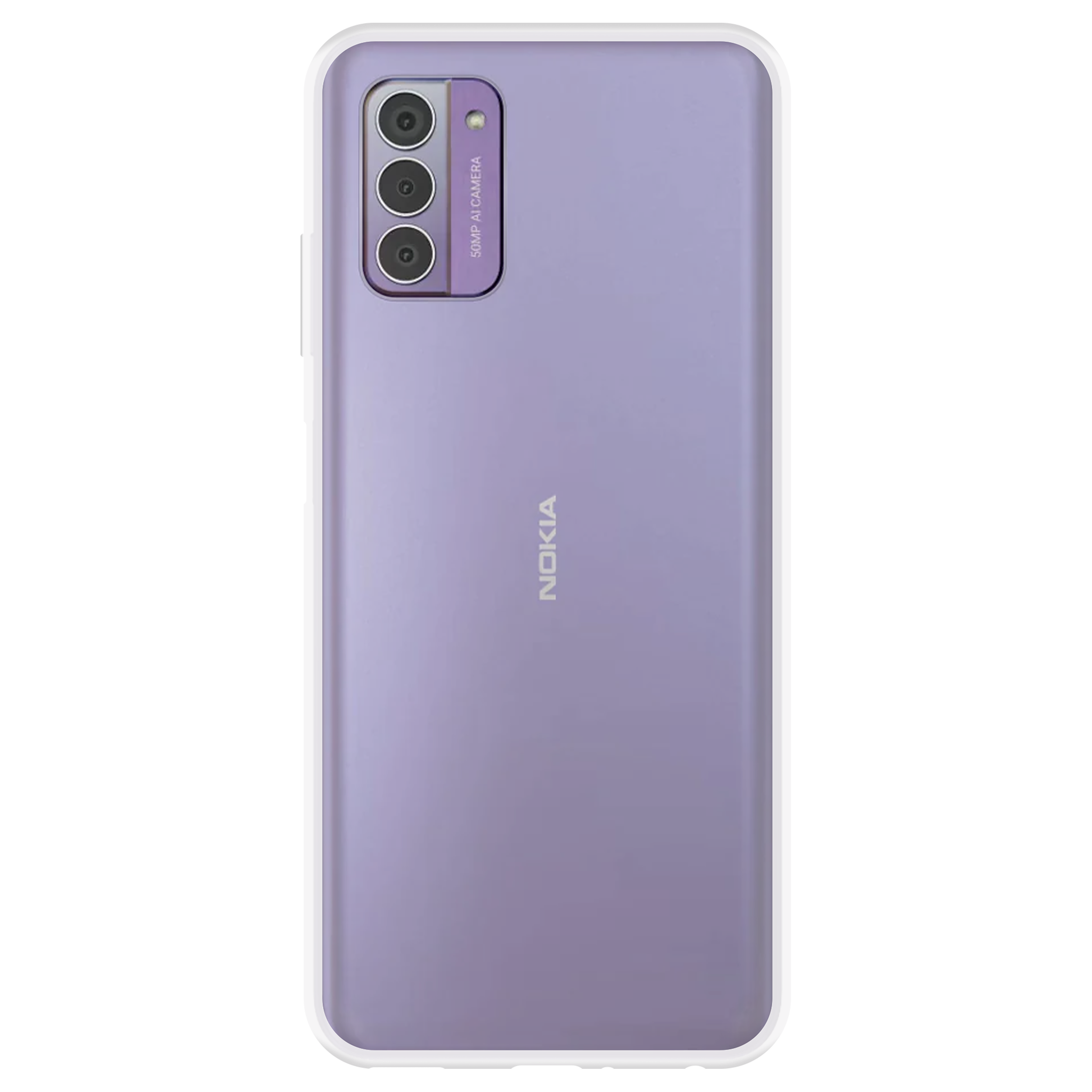 Ein lila Nokia-Telefon, Rückansicht, mit einem Kameramodul oben. Das Telefon befindet sich auf schwarzem Hintergrund.