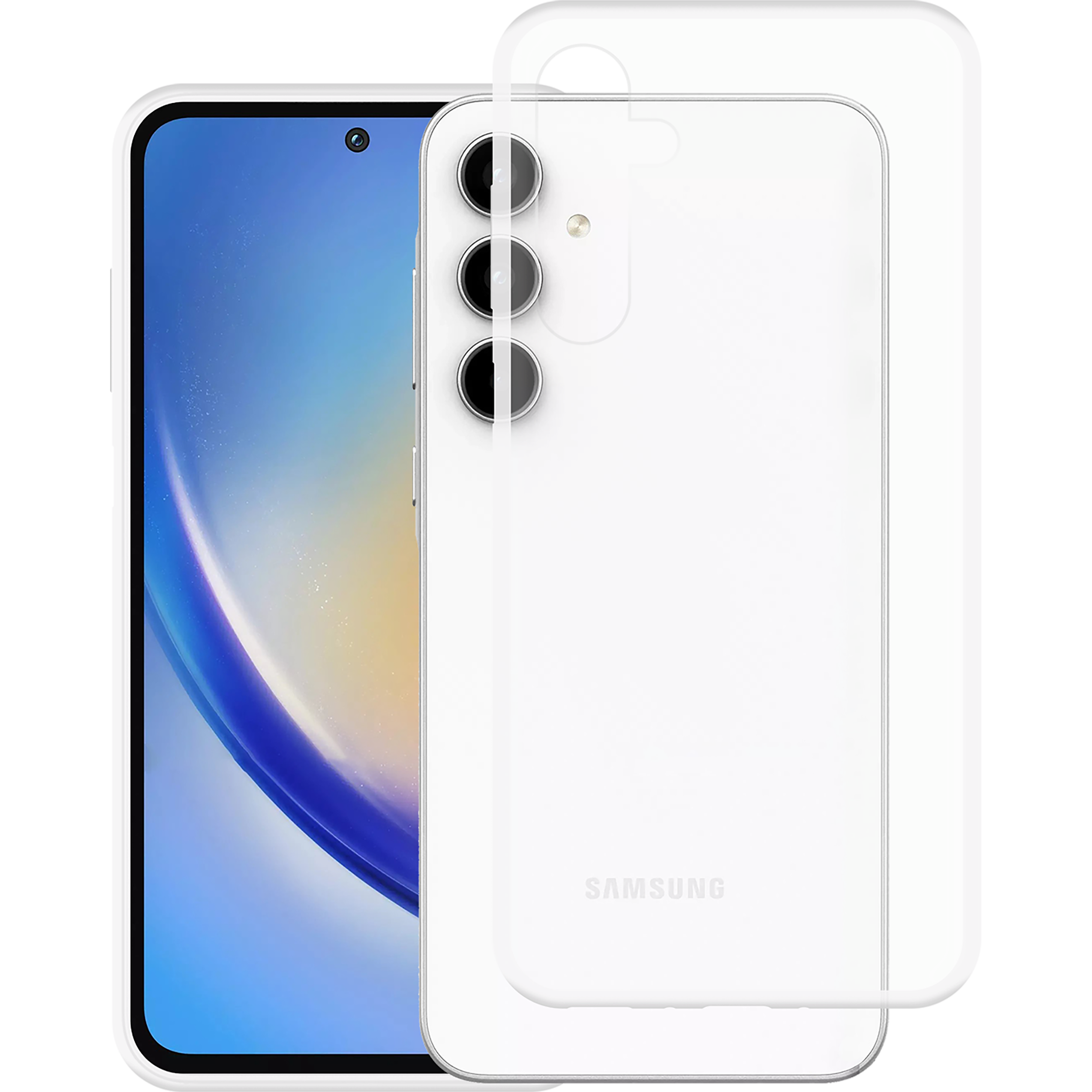 Ein weißes Samsung-Telefon mit Bildschirm, Schutzhülle und transparenter Hülle, alles auf dunklem Hintergrund.