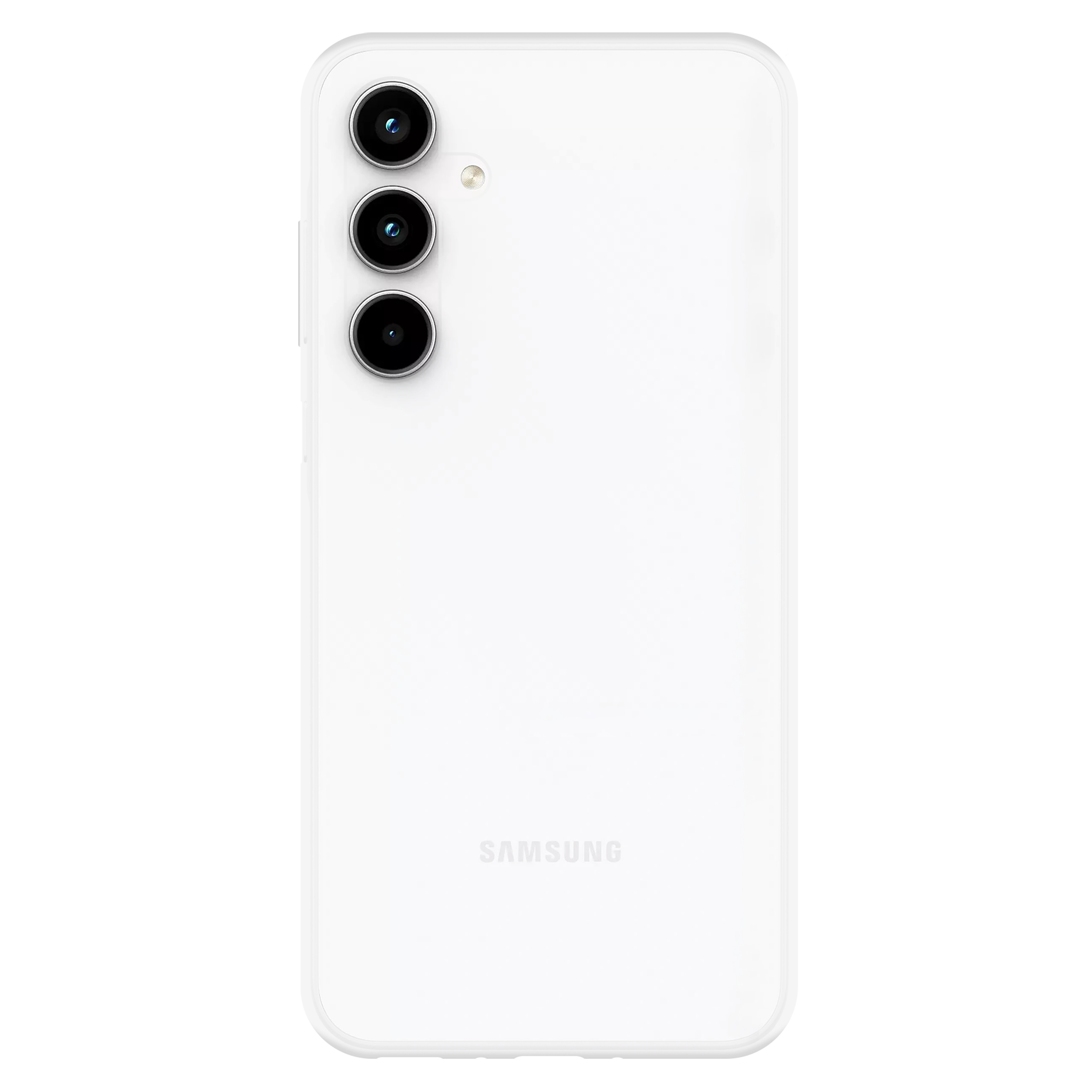 Weißes Samsung-Telefon mit drei Rückkameras, auf schwarzem Hintergrund. Das Samsung-Logo ist sichtbar.