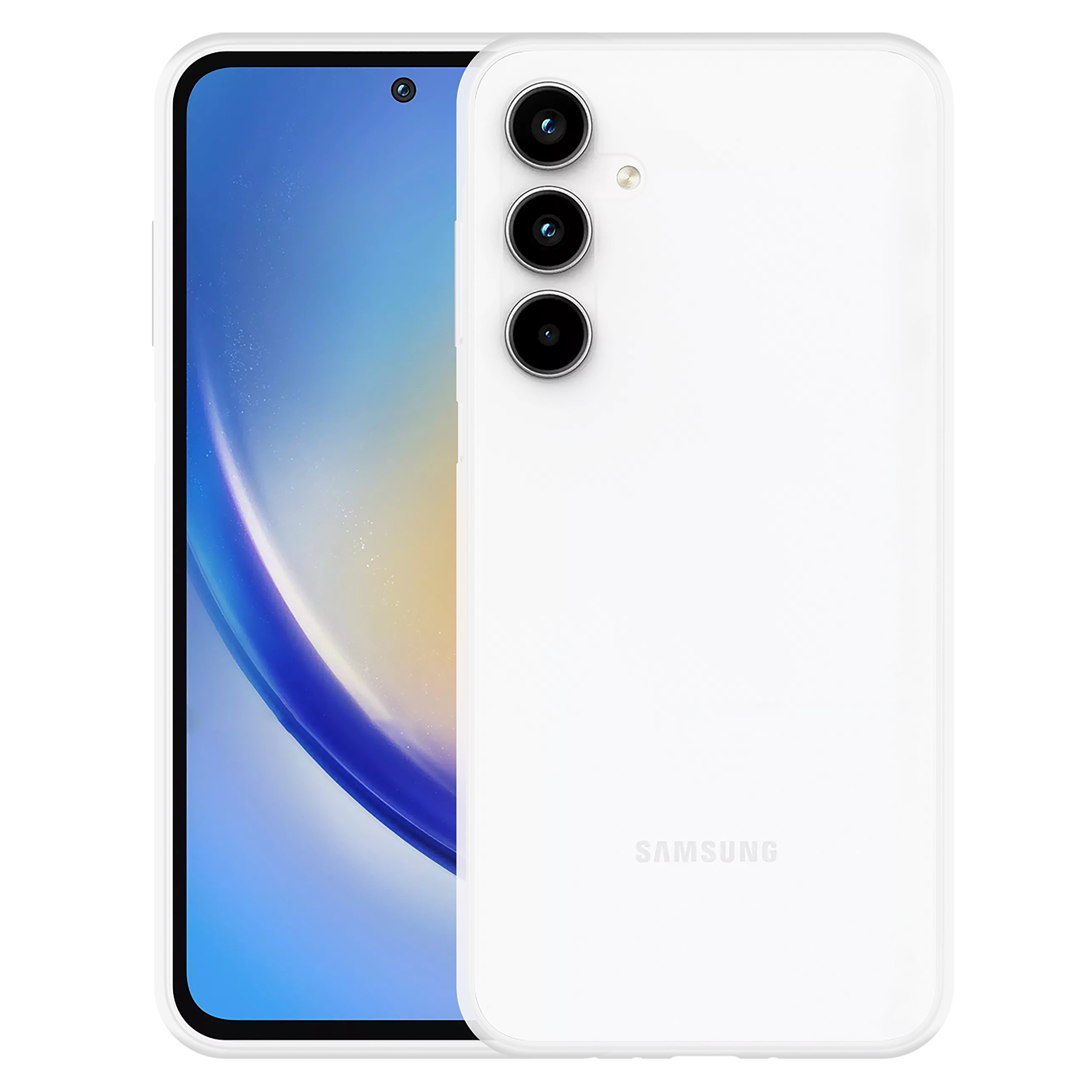 Weißes Telefon mit Bildschirmansicht und Kameraanordnung, vor schwarzem Hintergrund.