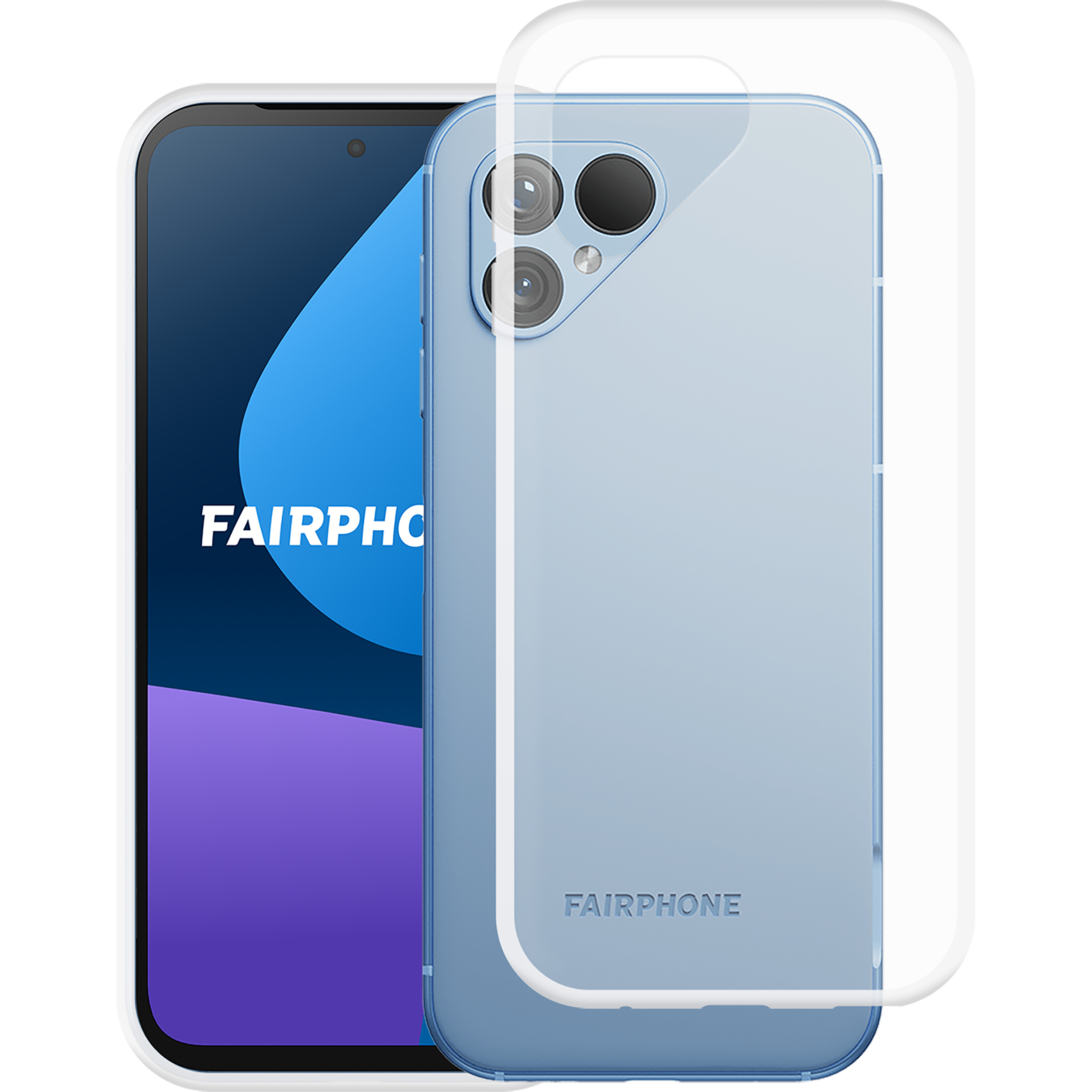 Eine klare Handyhülle auf einem blauen Telefon, mit einer Box mit Text und einem Umriss des Telefons.