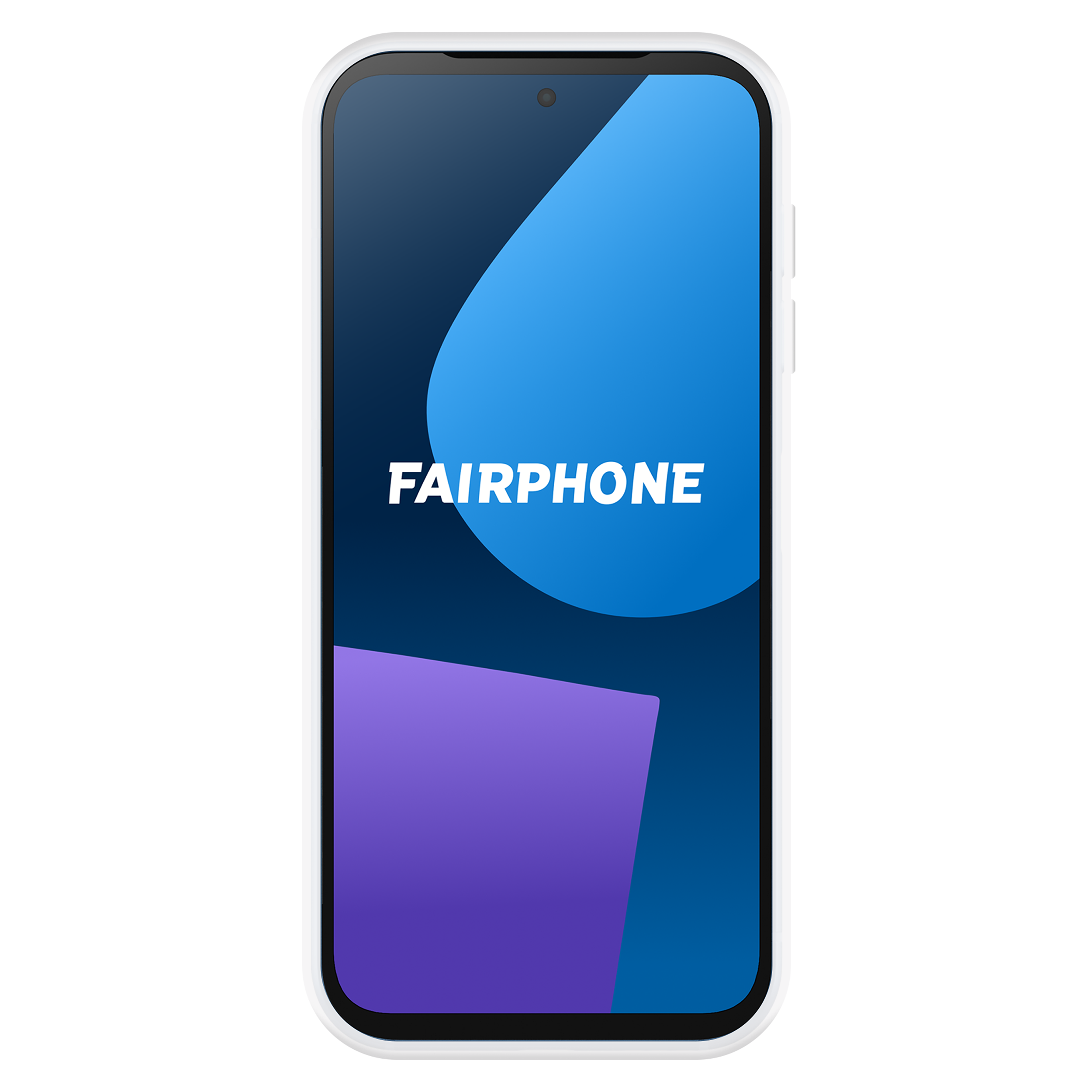 Ein Fairphone-Smartphone, schwarzer Bildschirm mit blauen und lila Formen, weißes Logo, weißer Rahmen.
