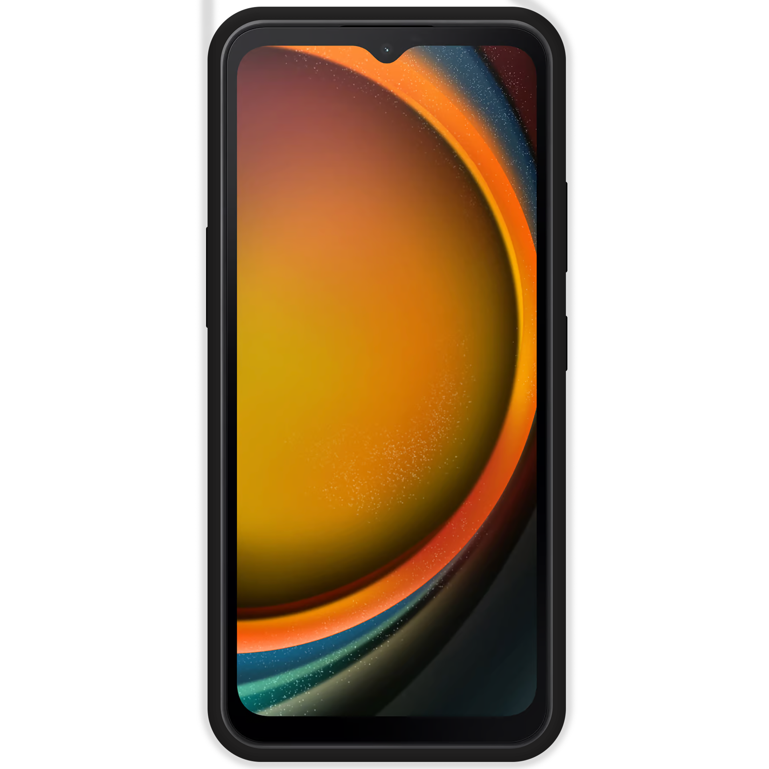 Smartphone mit farbenfrohem Bildschirm auf schwarzem Hintergrund. Der Bildschirm ist orange und blau.