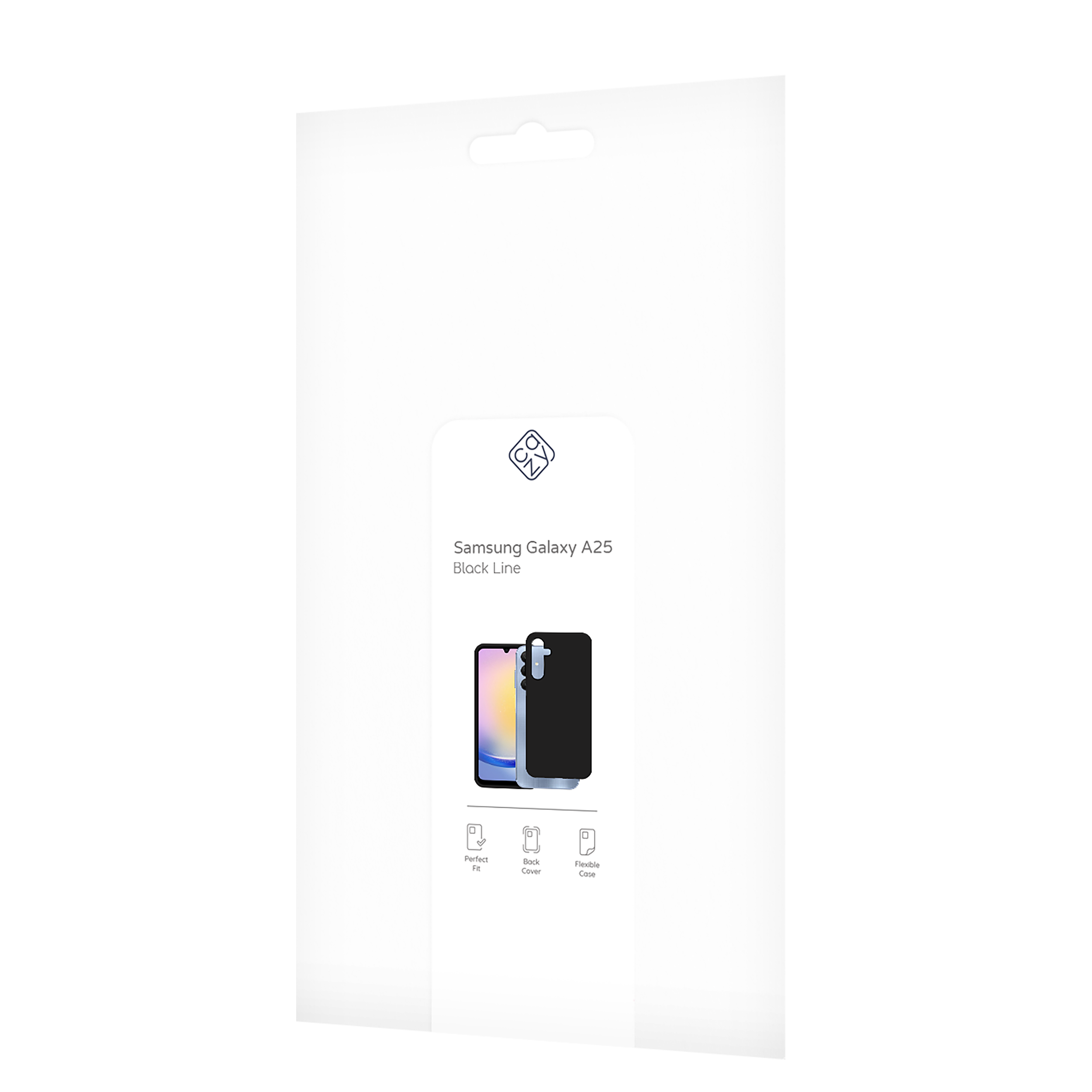 Weiße Verpackung mit Bild und Text der schwarzen Handyhülle. Die Handyhülle ist für Samsung Galaxy A25.