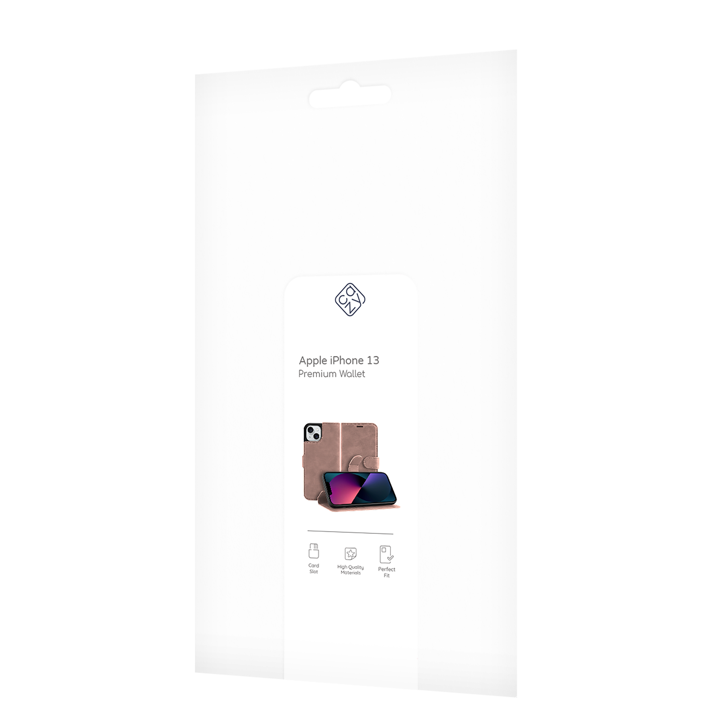 Verpackung des Apple iPhone 13 Premium Wallet. Die Verpackung zeigt das Portemonnaie und das Telefon.