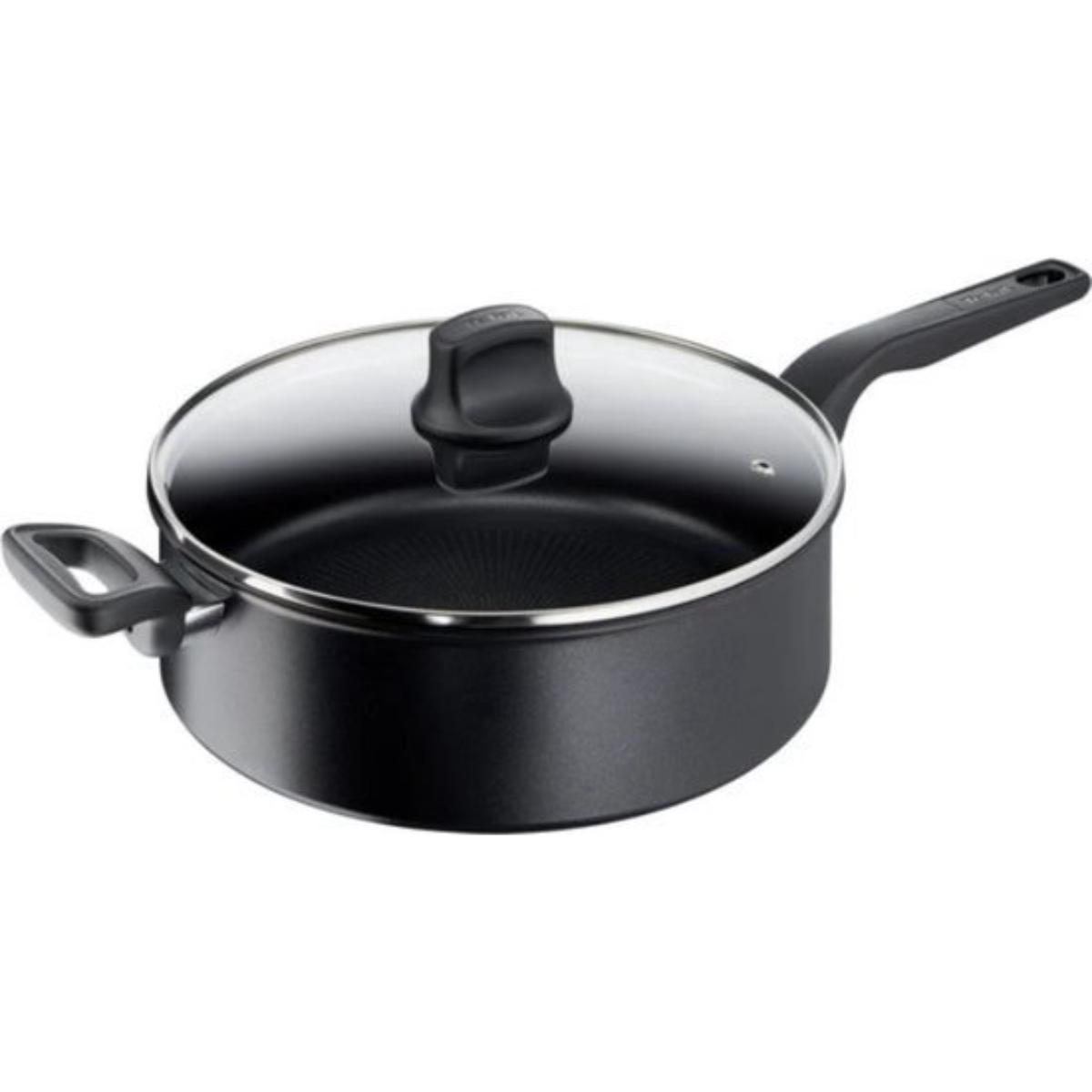 A black frying pan with a glass lid and a black handle, with another handle on the side.