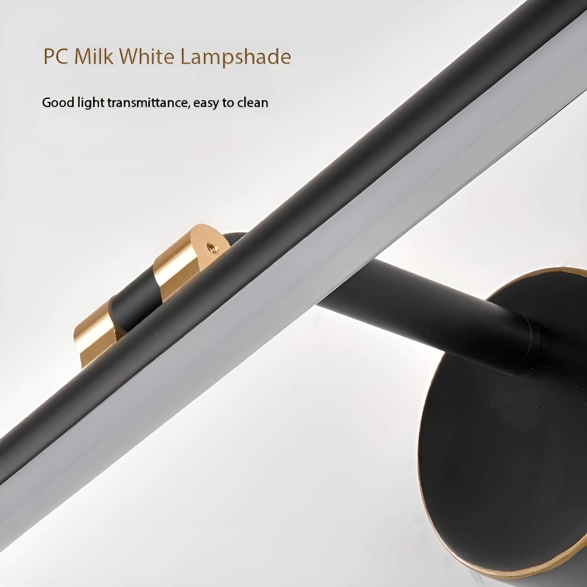 Eine schwarz-goldene Wandleuchte mit weißem Lichtbalken und Text: PC Milk White Lampshade.