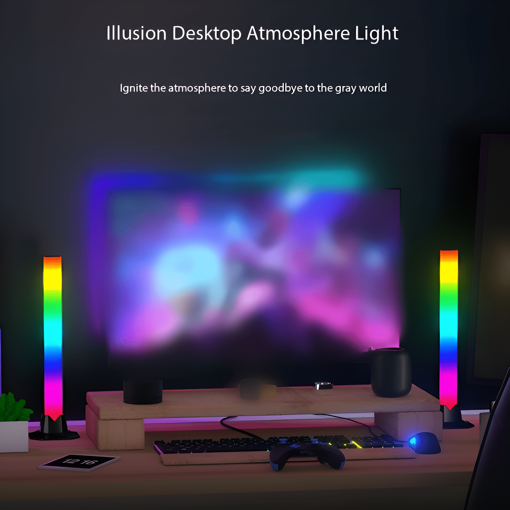 Aufbau mit Computermonitor, zwei regenbogenfarbenen Lichtern und Tastatur.