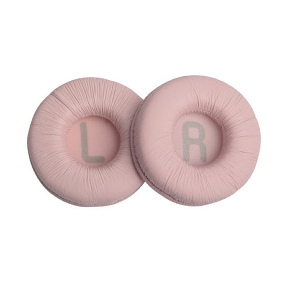Dwie różowe poduszki na uszy do słuchawek z widocznymi literami 'L' i 'R'.