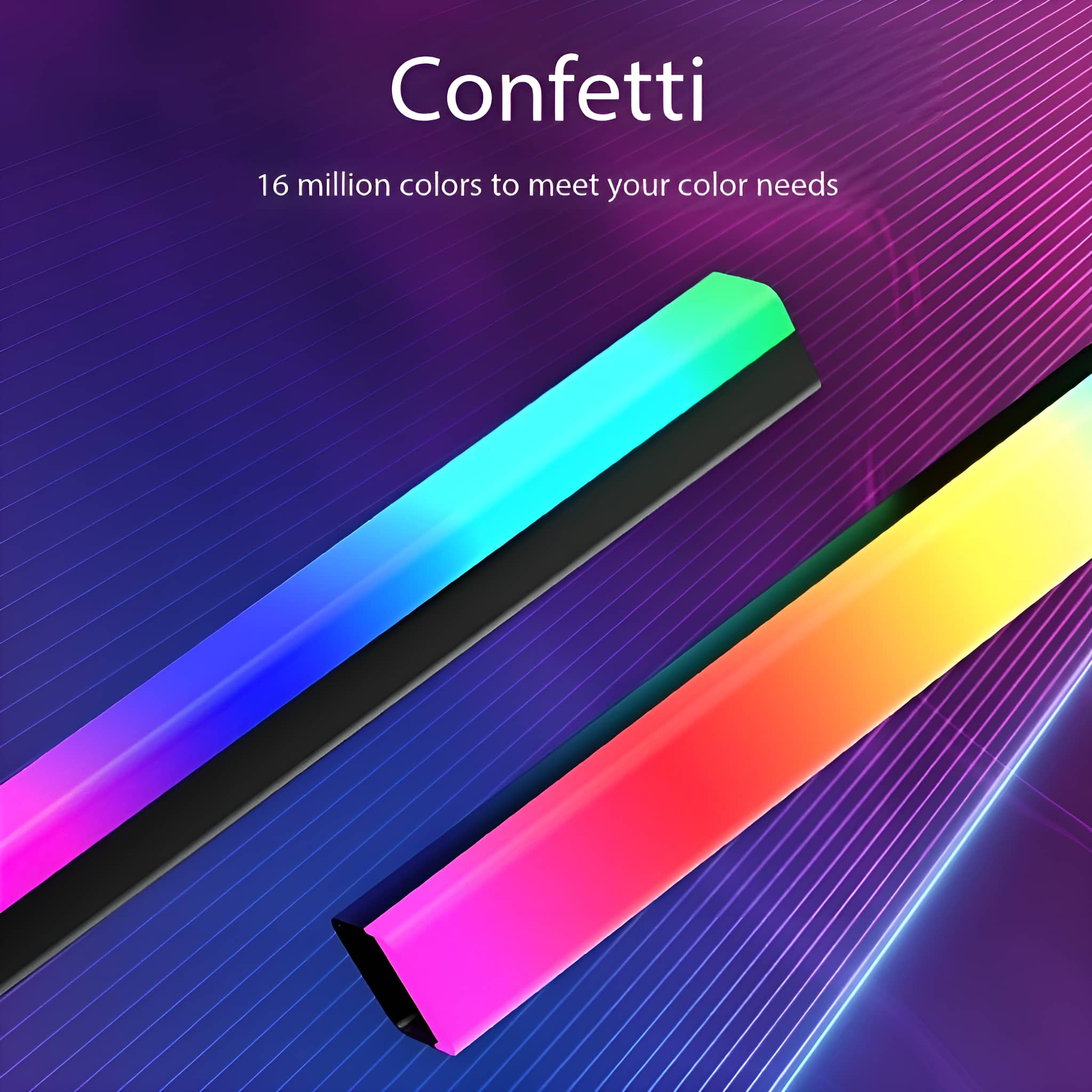 Zwei LED-Lichtleisten mit Farbverläufen. Text: Konfetti, 16 Millionen Farben.