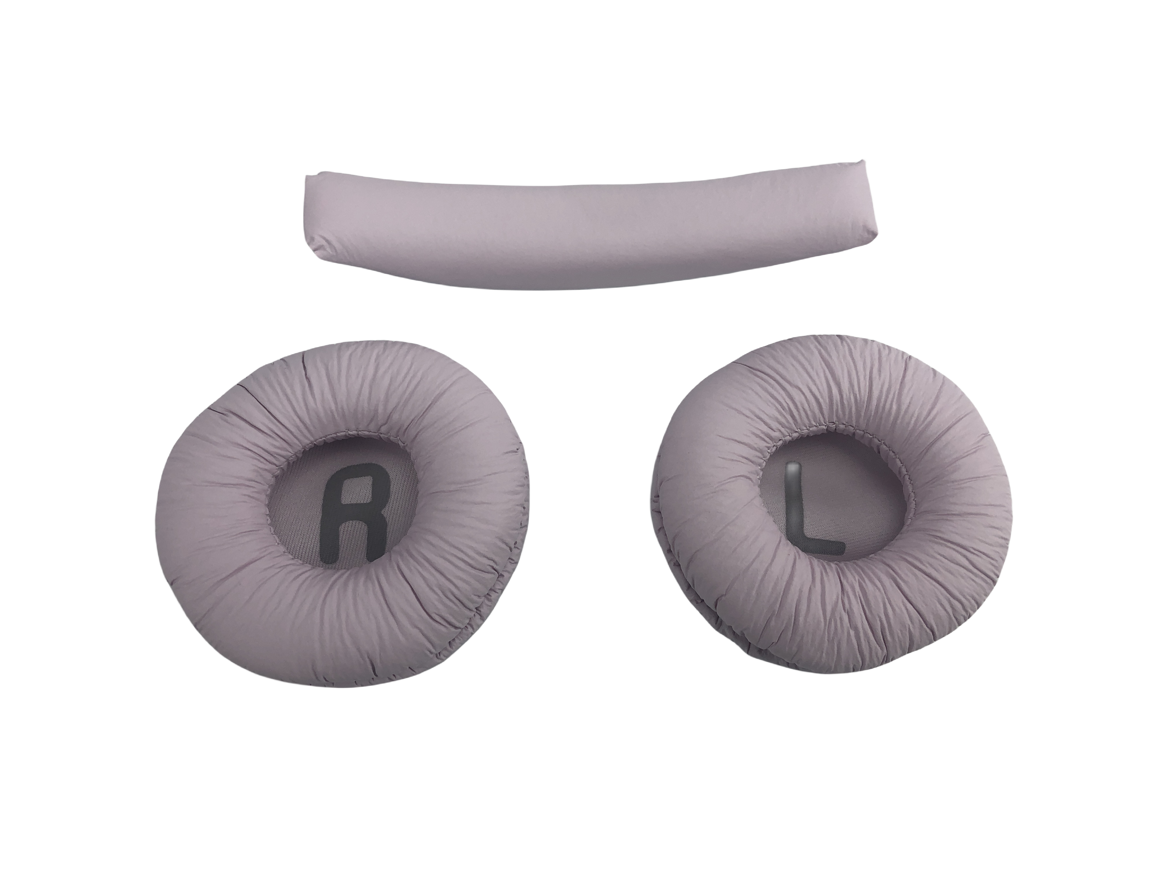 Szare poduszki do słuchawek i opaska na głowę.