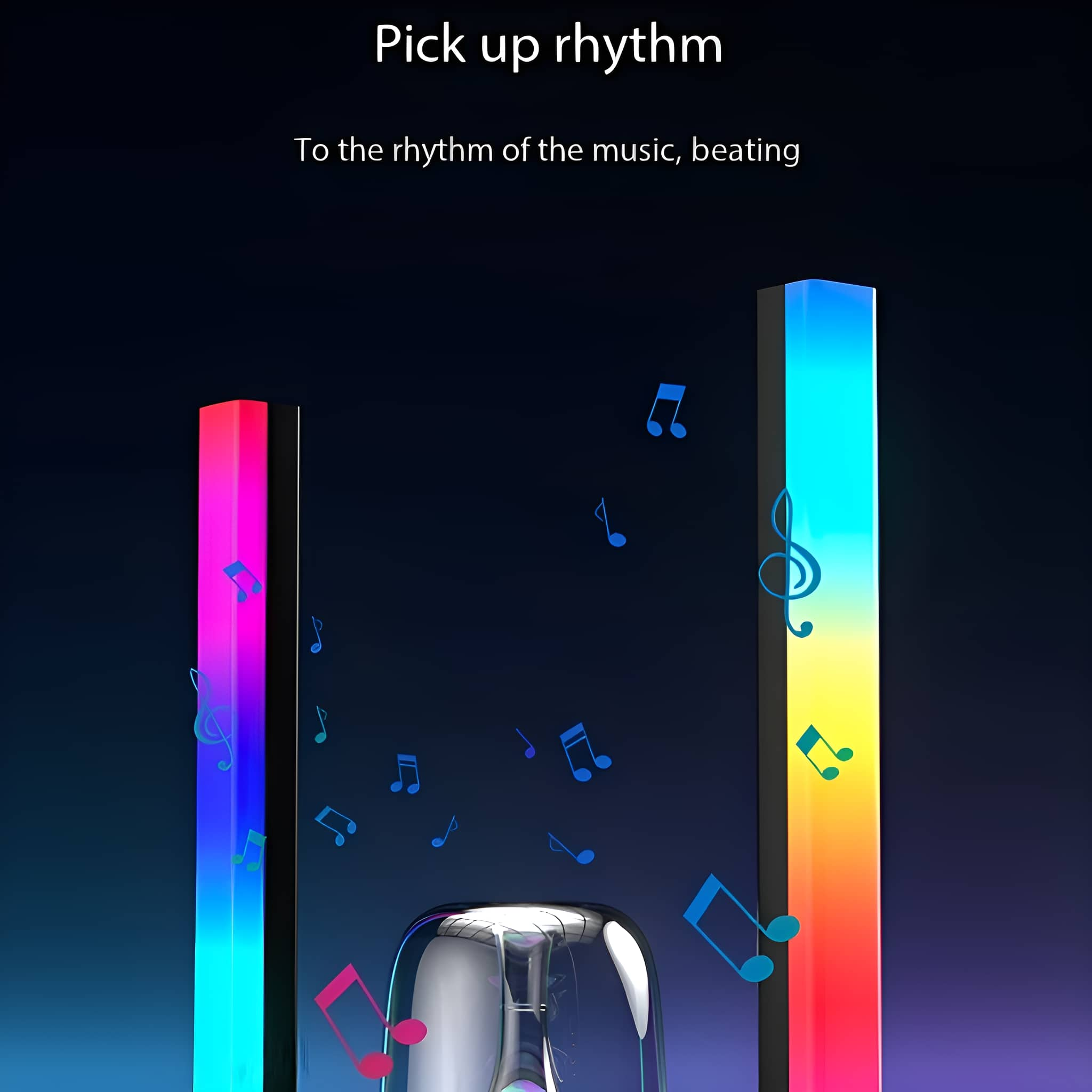 Zwei beleuchtete vertikale Lichtbalken mit Noten um einen Lautsprecher auf dunklem Hintergrund.