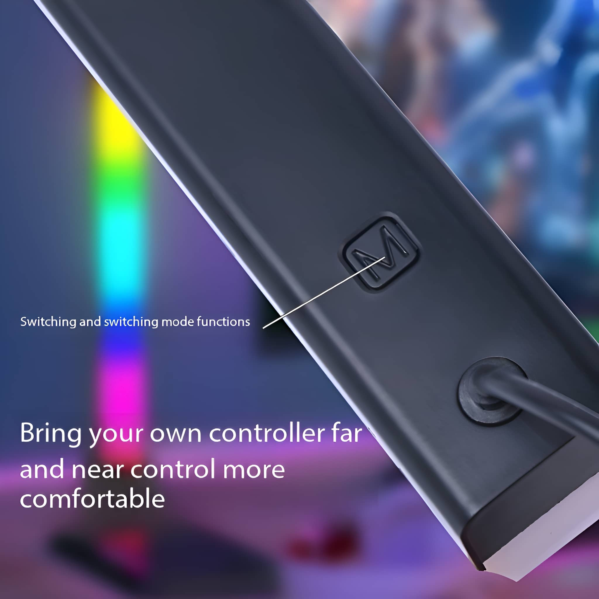Nahaufnahme eines schwarzen Geräts mit einem Controller-Knopf und farbenfrohen Lichtern im Hintergrund.
