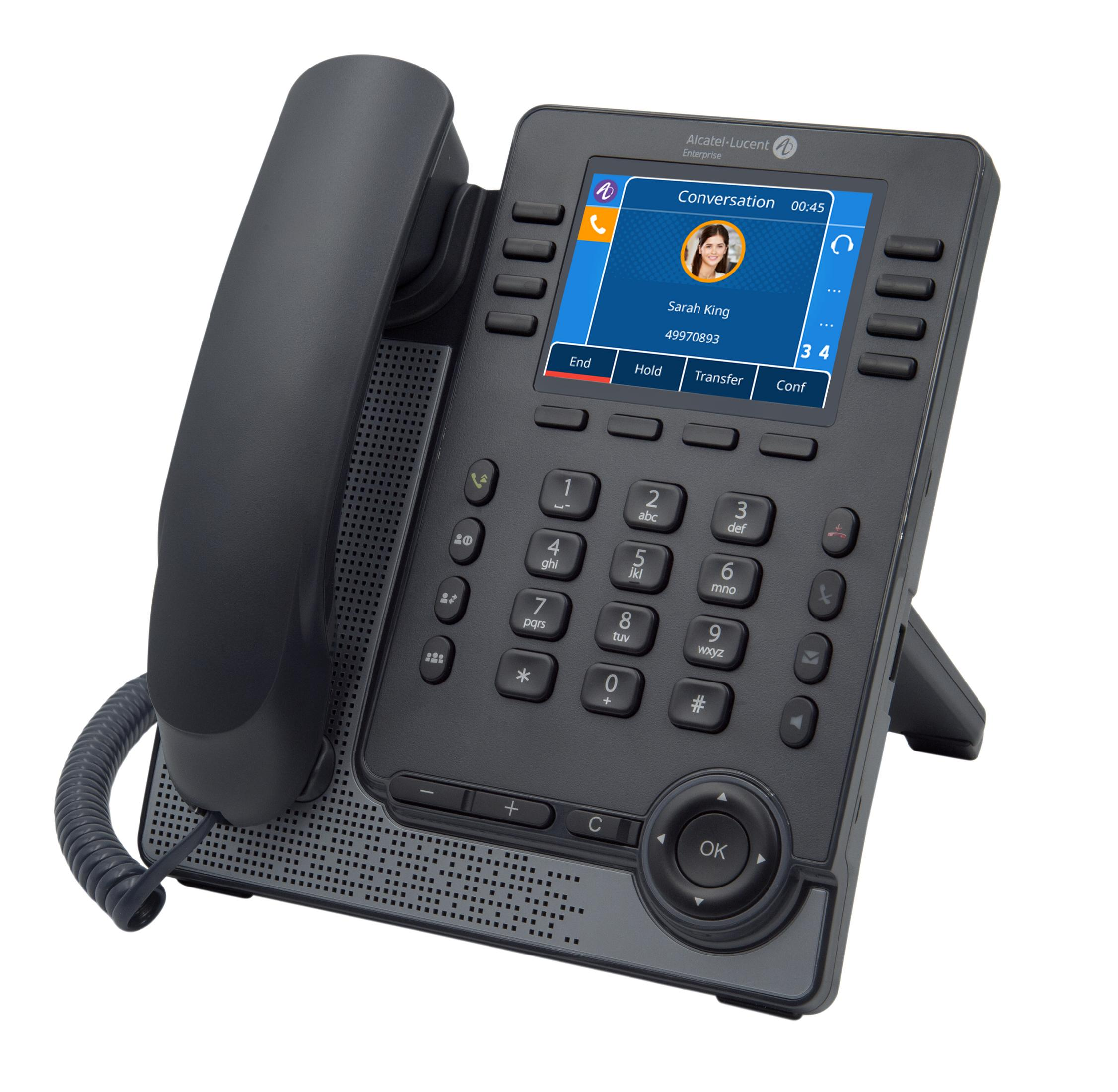 Schwarzes Bürotelefon mit Bildschirm, der einen Anruf zeigt, weißer Hintergrund.