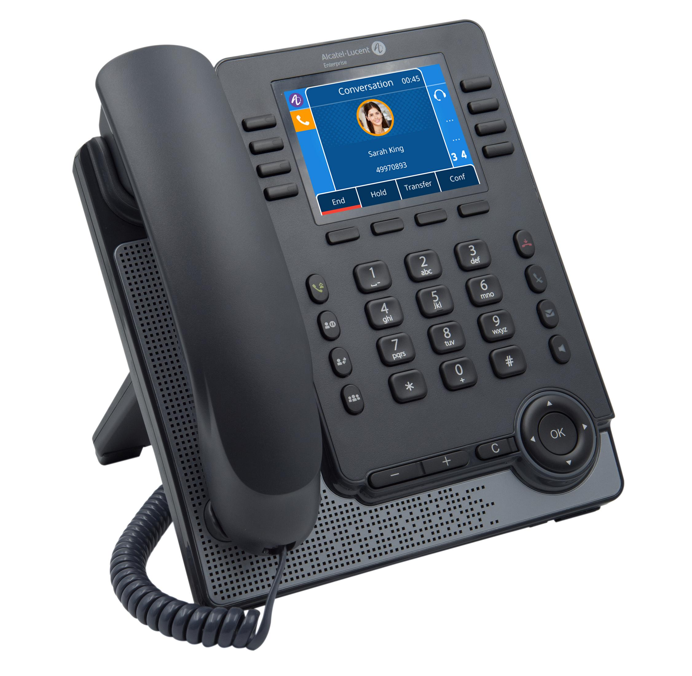 Ein schwarzes Alcatel-Lucent-Telefon mit Farbbildschirm, Tasten und Ständer.