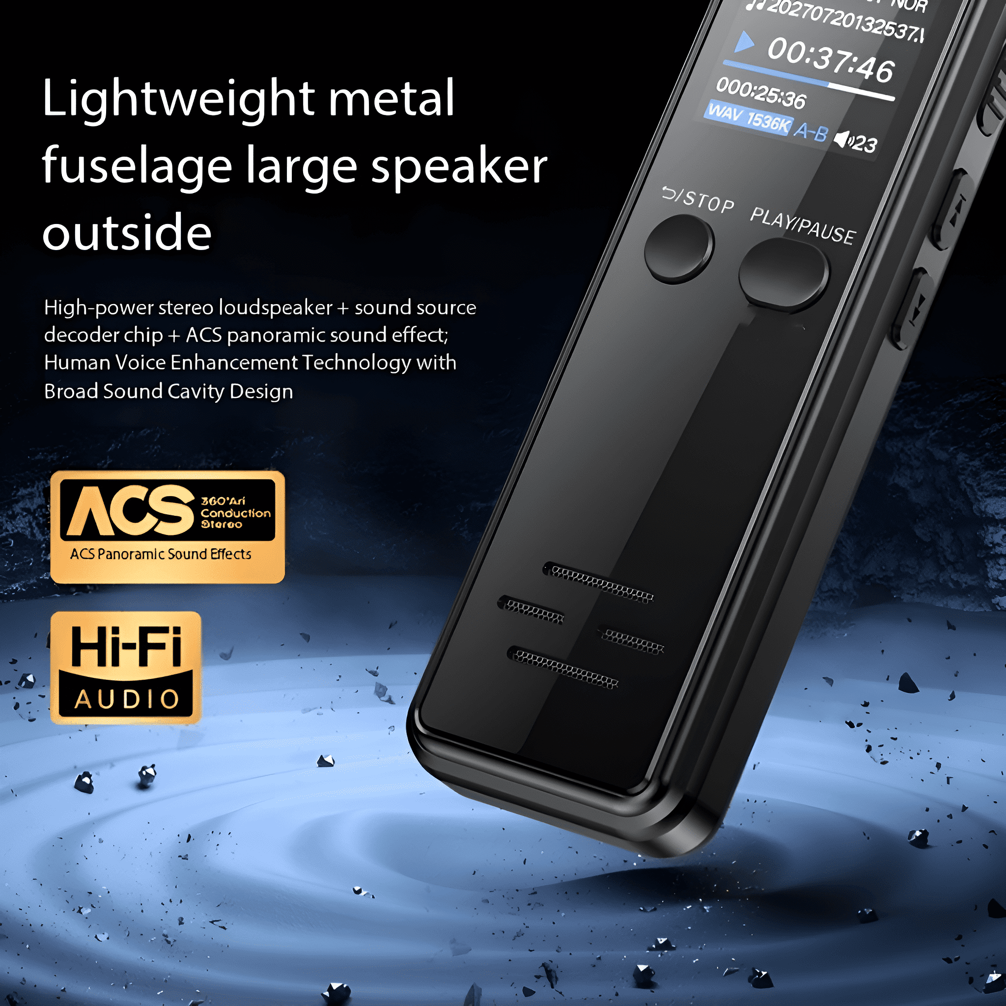 Ein schwarzer digitaler Audiorecorder mit Tasten und Bildschirm, vor blauem Hintergrund.