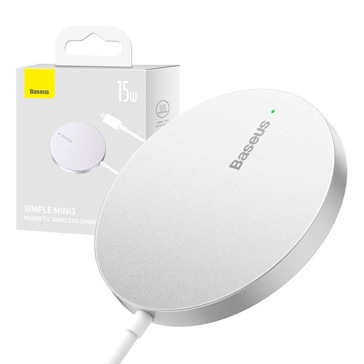 Biała ładowarka bezprzewodowa z białym kablem. Logo Baseus. Nadrukowano 'Simple Mini3' i '15w'.
