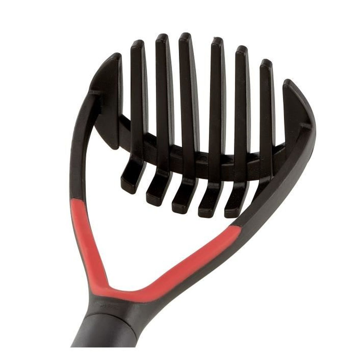 Ein schwarzer und roter Kartoffelstampfer mit Griff und kammähnlichem Kopf.