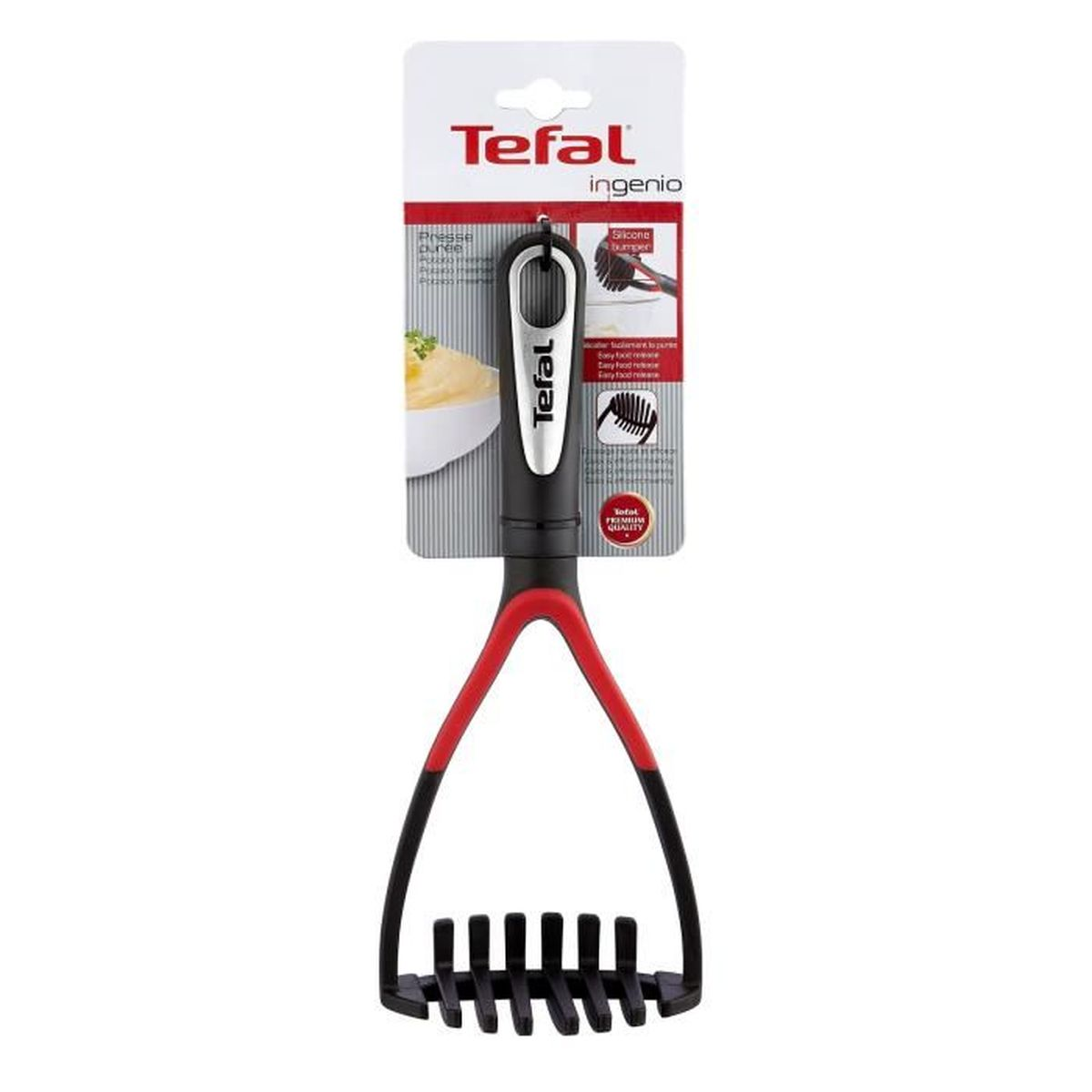 Tefal Kartoffelstampfer auf weißem Hintergrund. Schwarzer und roter Griff mit einem Stampferkopf.