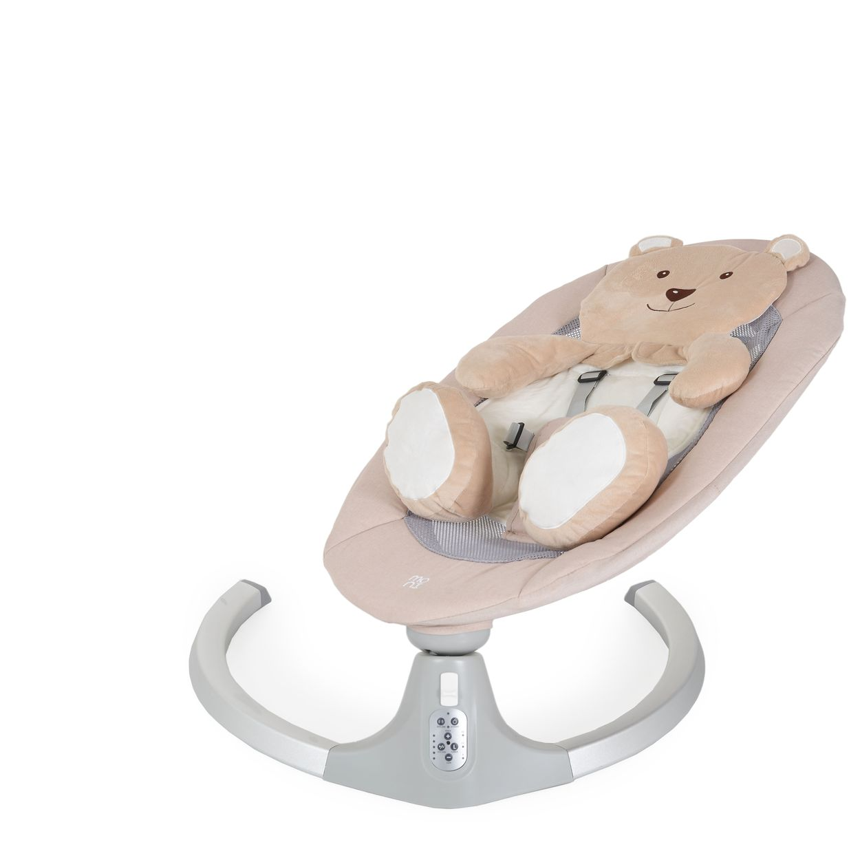 Babyschaukel mit Teddybär-Design. Der Sitz ist beige, mit grauem Sockel und Teddybär-Kopf.