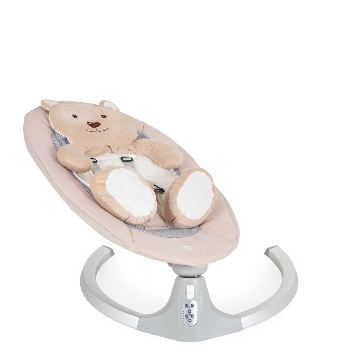 Ein beiger Babywippe in Bärenform. Sie steht auf einer gebogenen, silbernen Basis mit Bedienfeld.