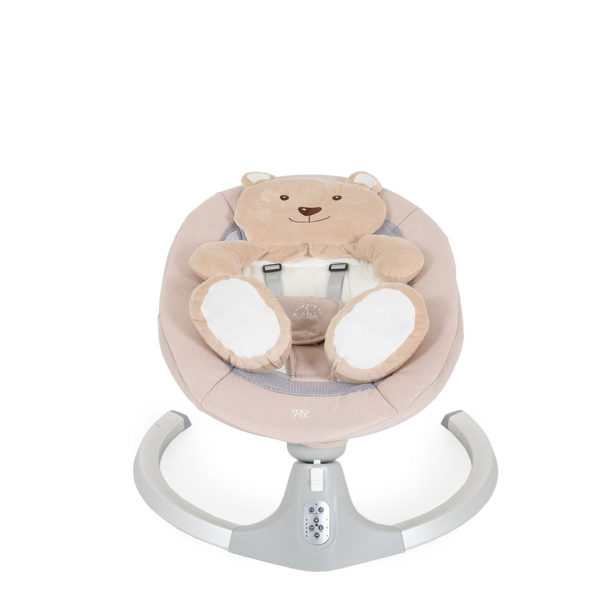Eine beige Babywippe in Teddybärform.