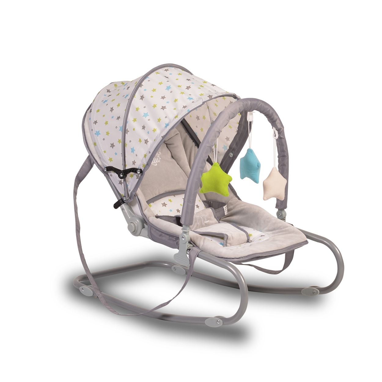 Eine Babywippe mit Verdeck. Die Wippe ist grau und hat Sterne. Drei hängende Spielzeuge sind sichtbar.
