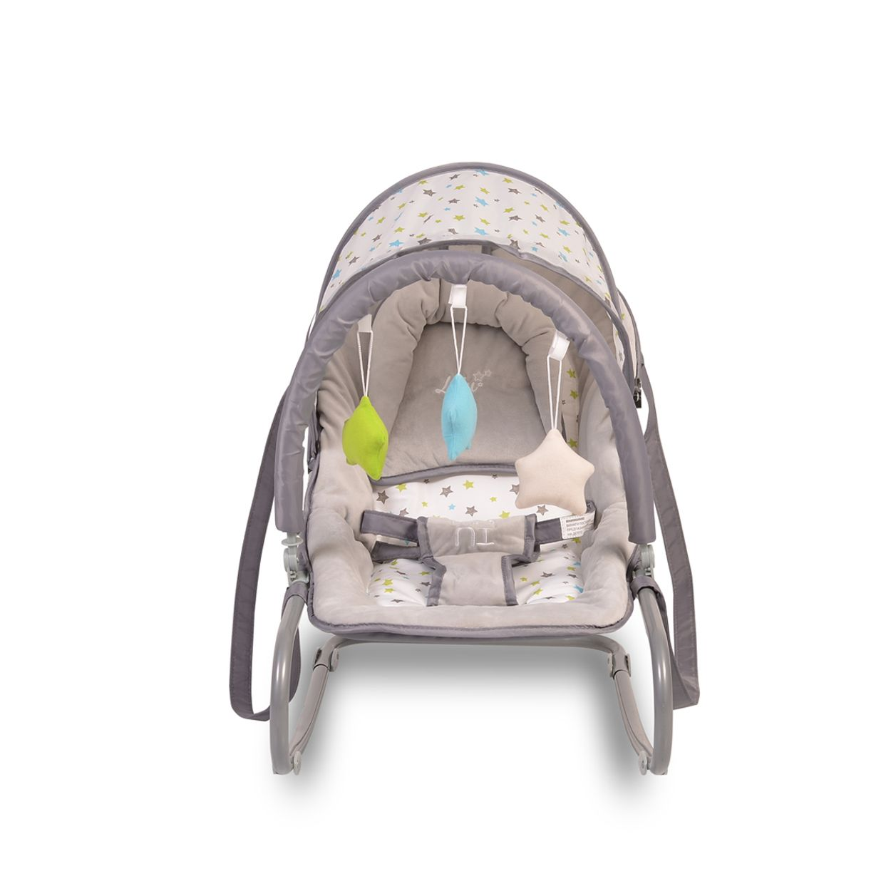 Eine Babywippe mit Sternenmuster, einem Verdeck und Spielzeug. Sie steht auf weißem Hintergrund.