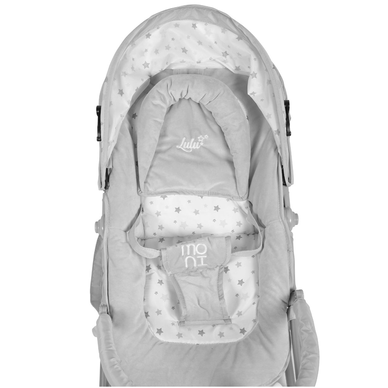 Eine graue Babywippe mit Baldachin, Sternenmuster und Babykopfstütze.