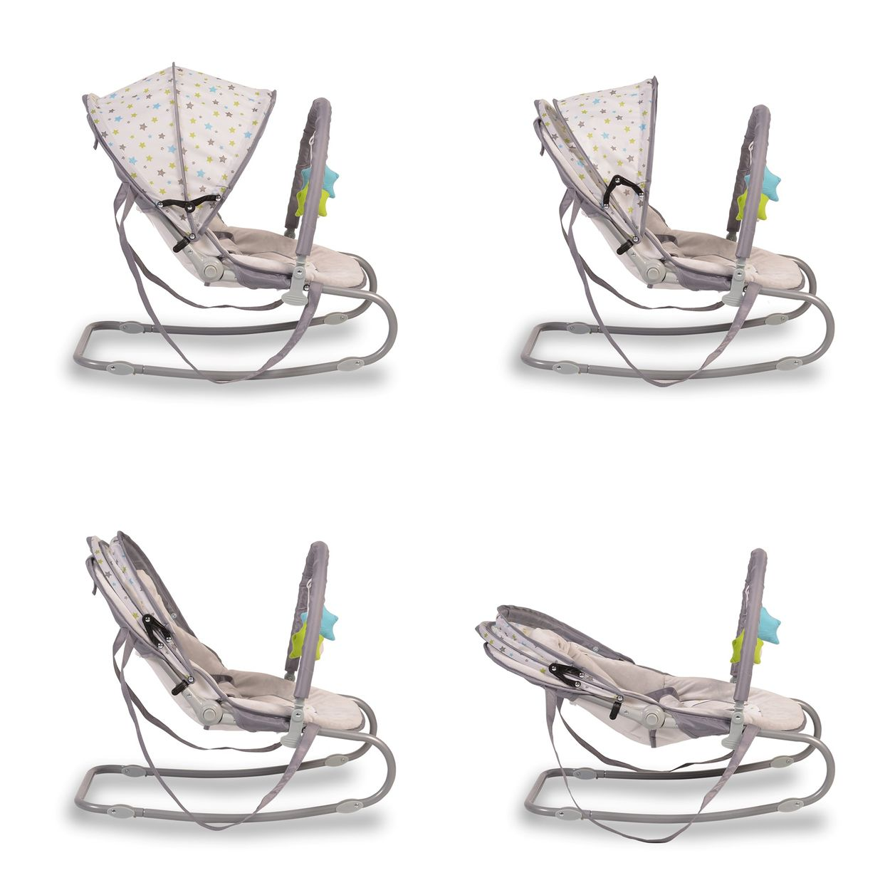 Vier Baby-Bouncer-Stühle, graue Gestelle, weiße Sitze, Sternenhimmel, auf weißem Hintergrund.